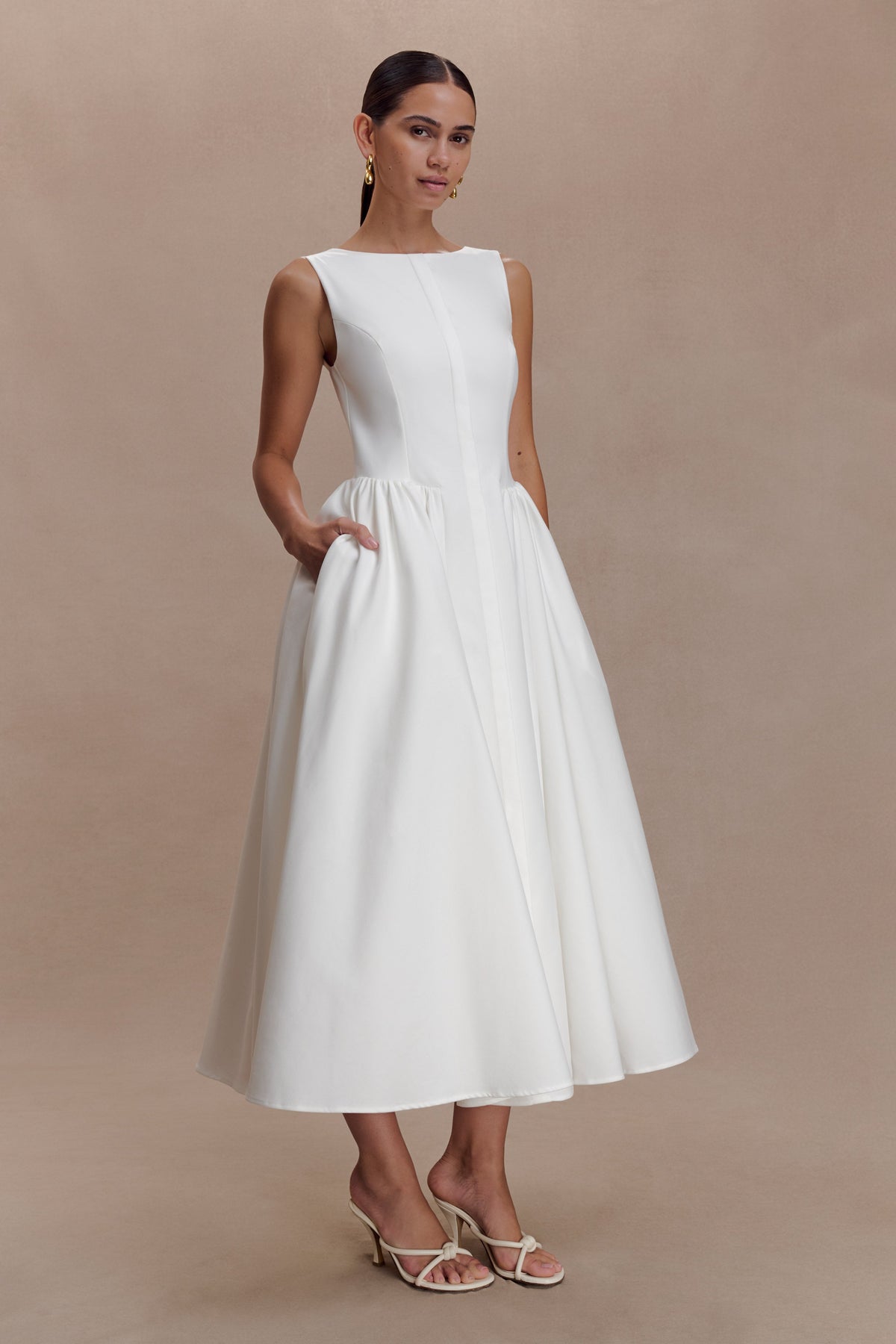 Monika Gathered Waist Cotton Midi Dress - White #4