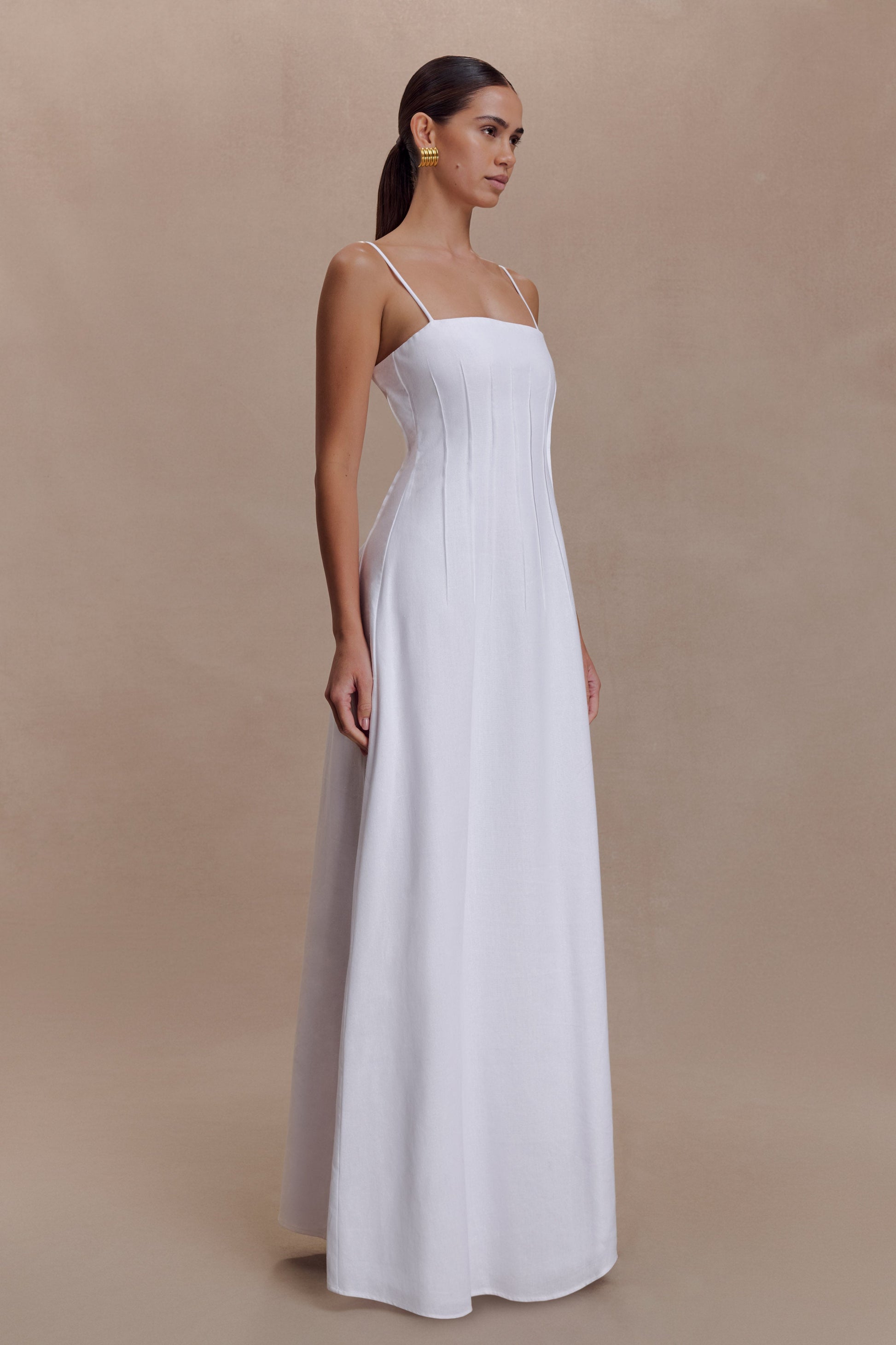 Sofie Pintuck Linen Maxi Dress - White | MESHKI UK Sofie Pintuck Linen Maxi Dress - White | MESHKI UK