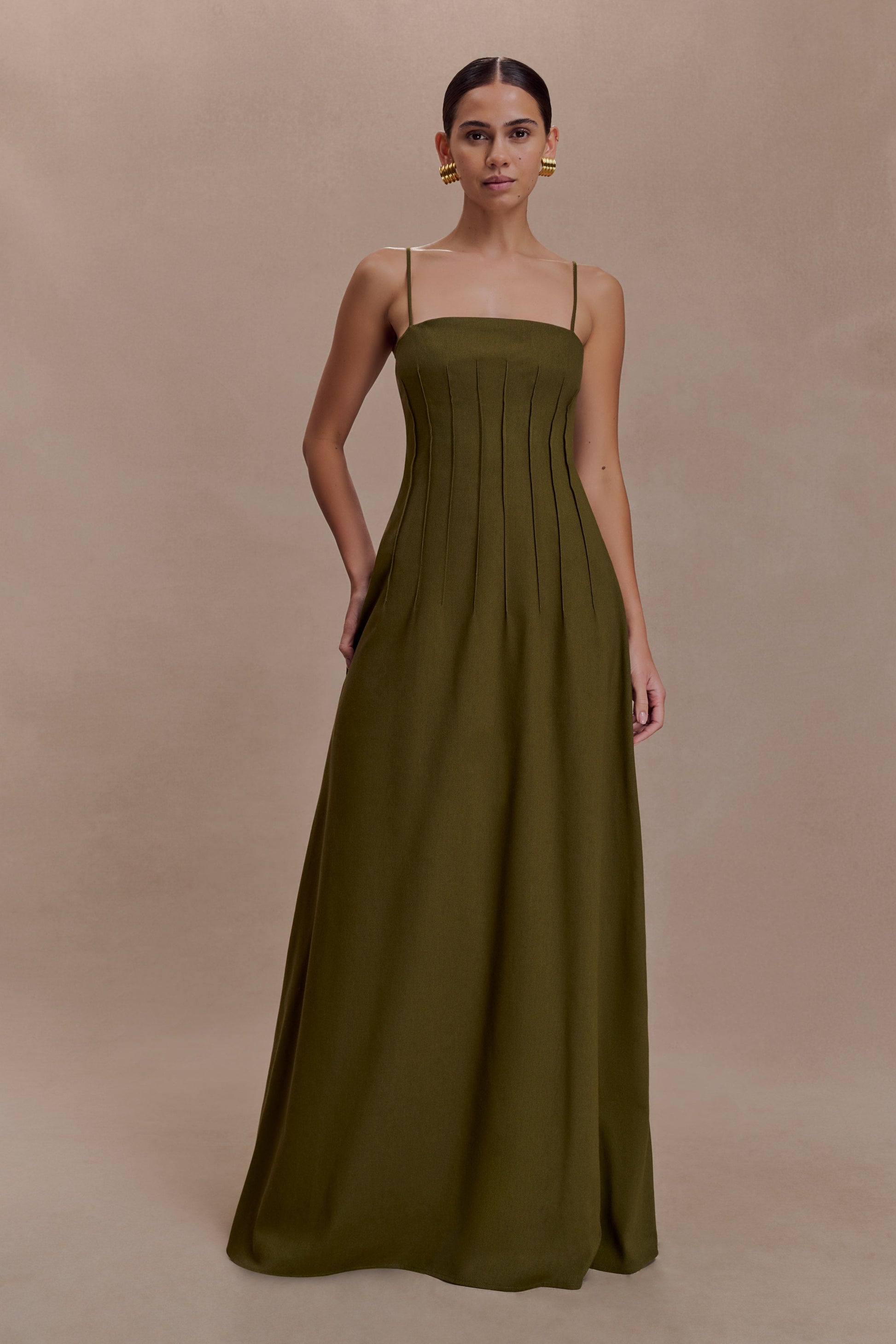 Sofie Pintuck Linen Maxi Dress - Khaki #3