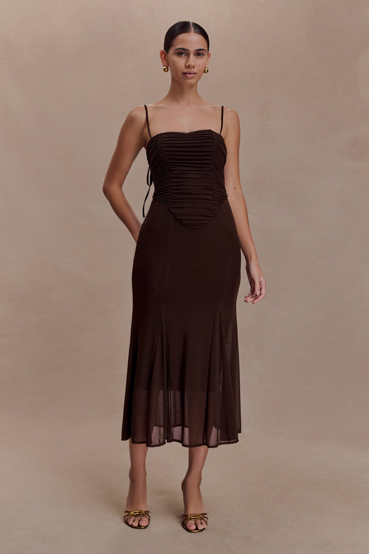 Willa Gathered Mesh Midi Dress - Chocolate