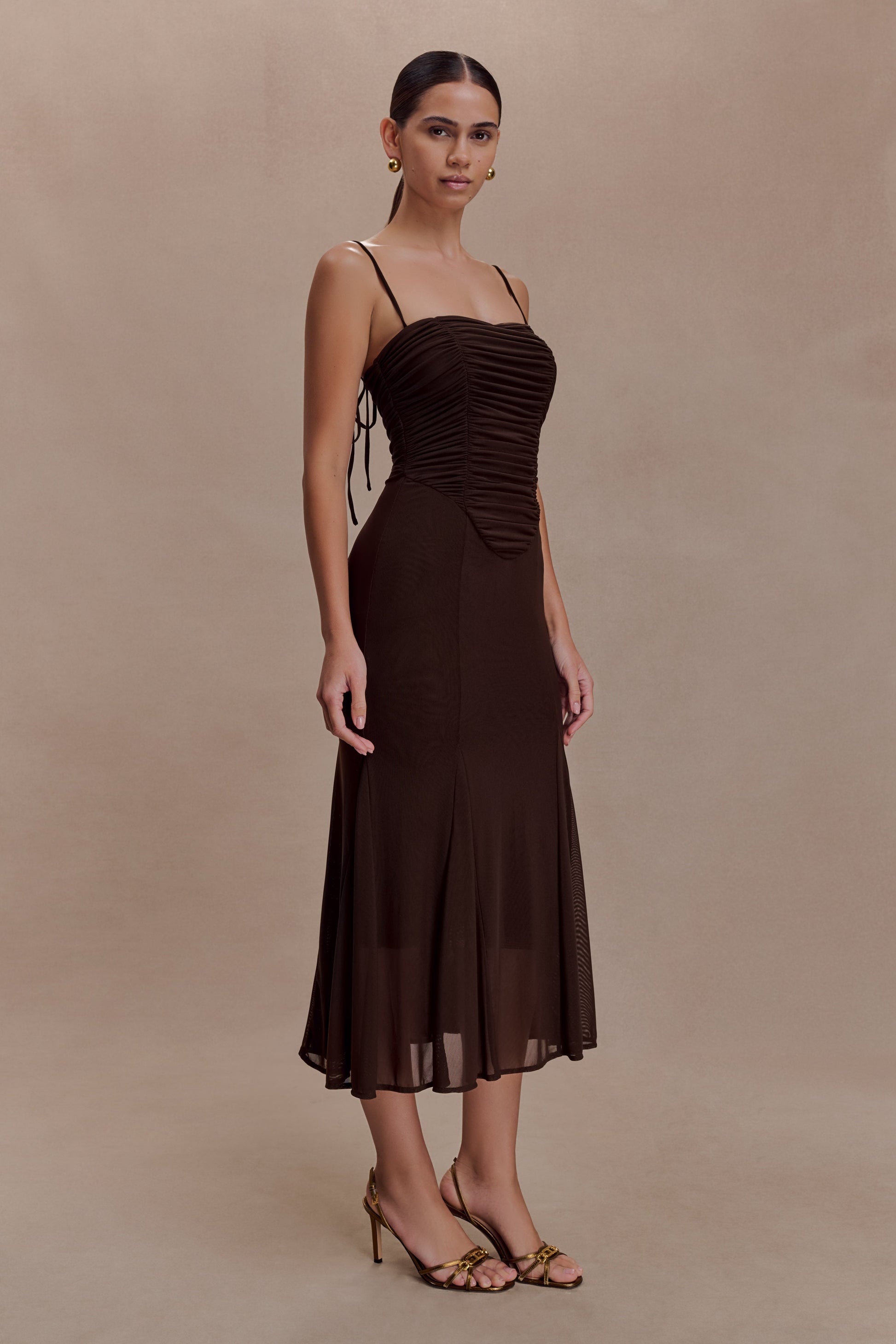 Willa Gathered Mesh Midi Dress - Chocolate #4