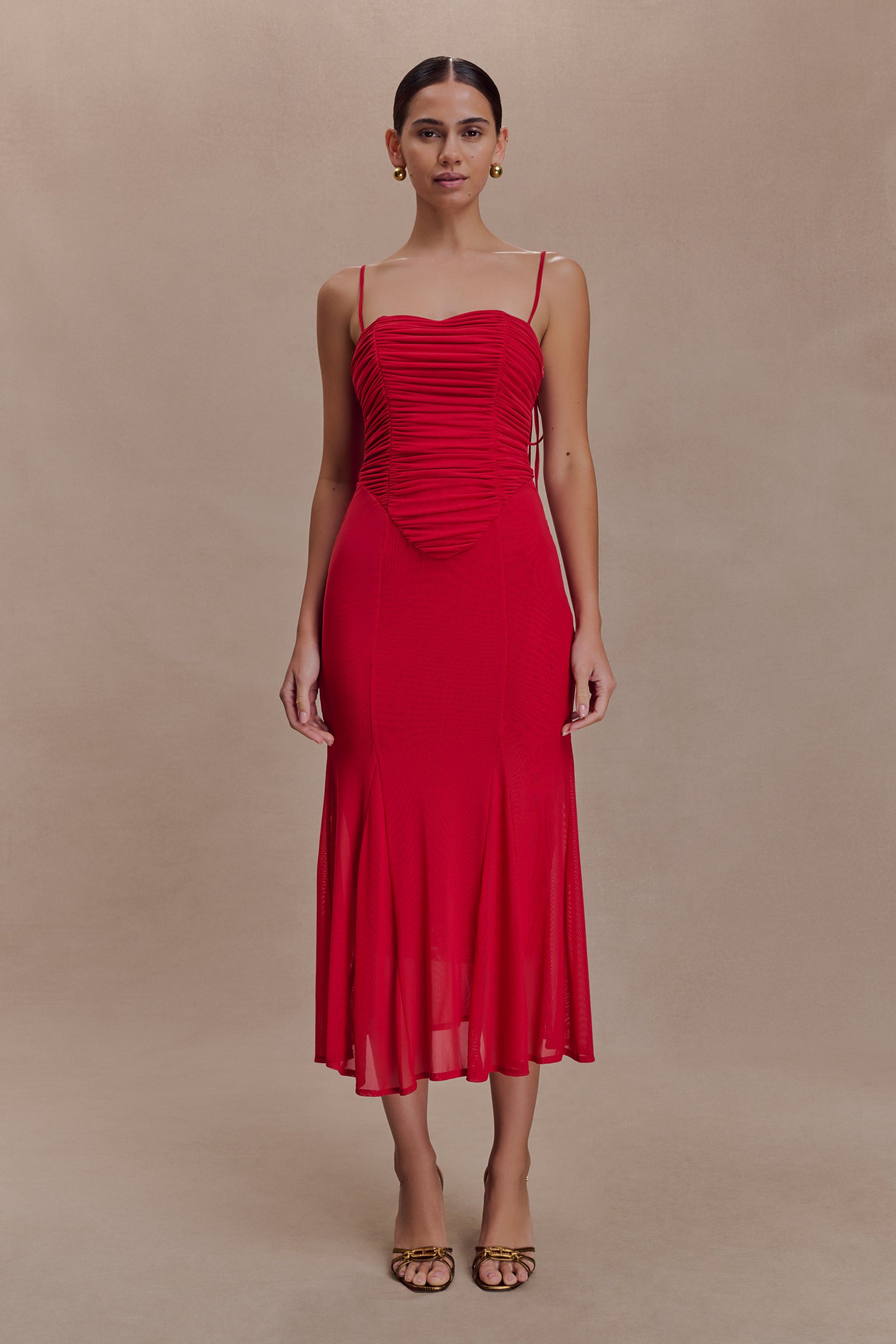 Willa Gathered Mesh Midi Dress - Ruby #2