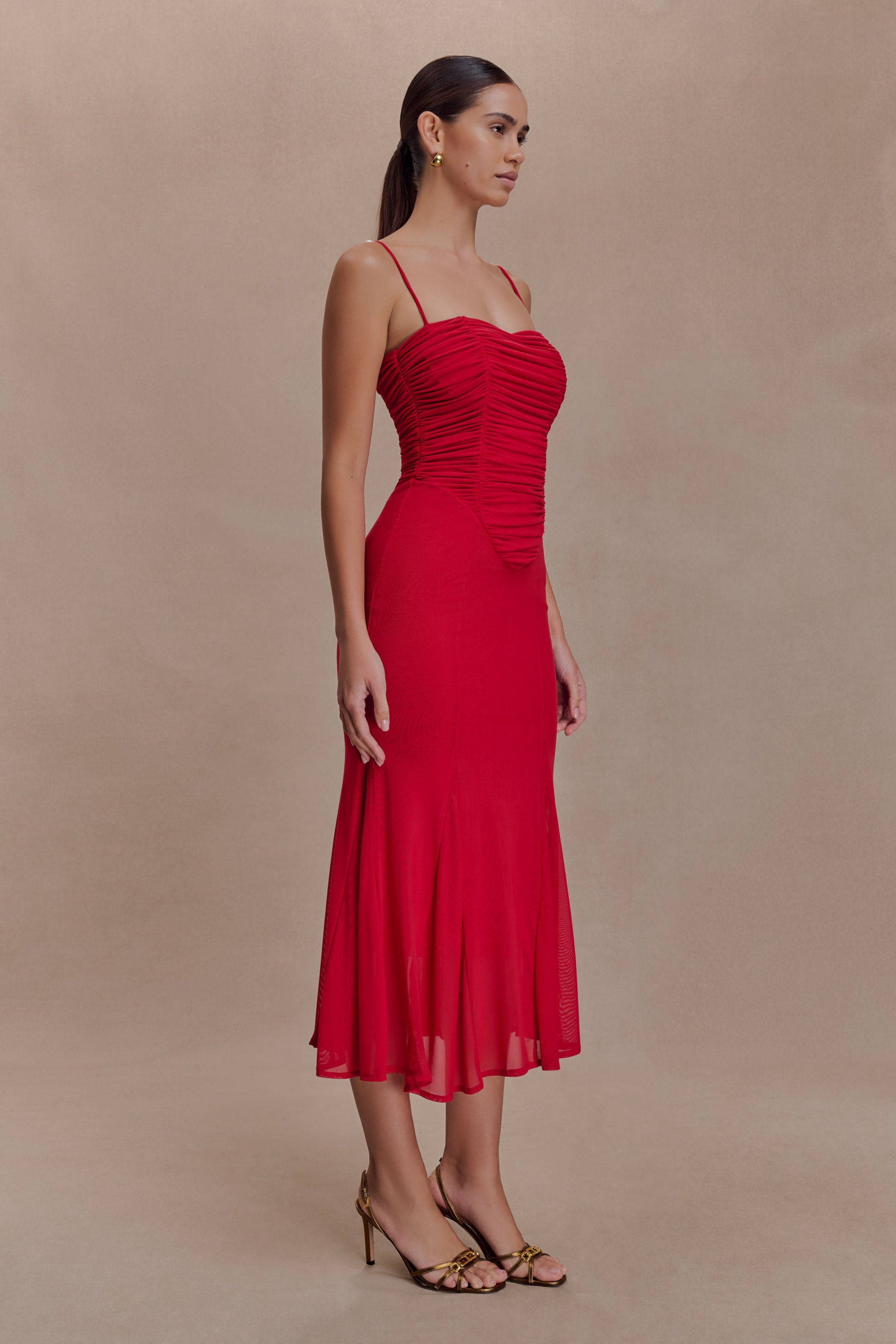 Willa Gathered Mesh Midi Dress - Ruby Red #5