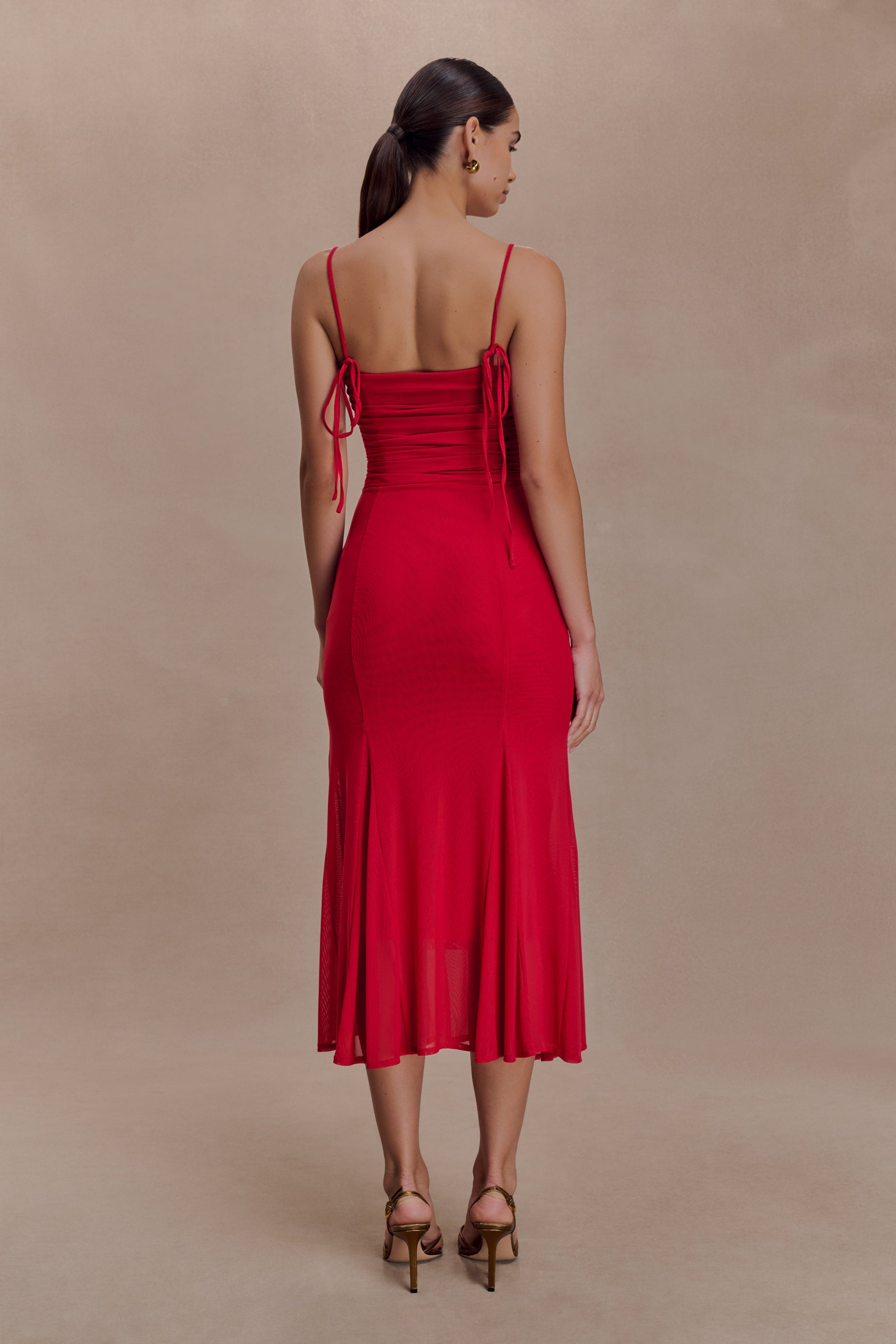 Willa Gathered Mesh Midi Dress - Ruby Red #4