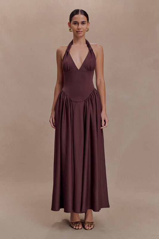 Angelina Scuba Halter Midi Dress - Chocolate