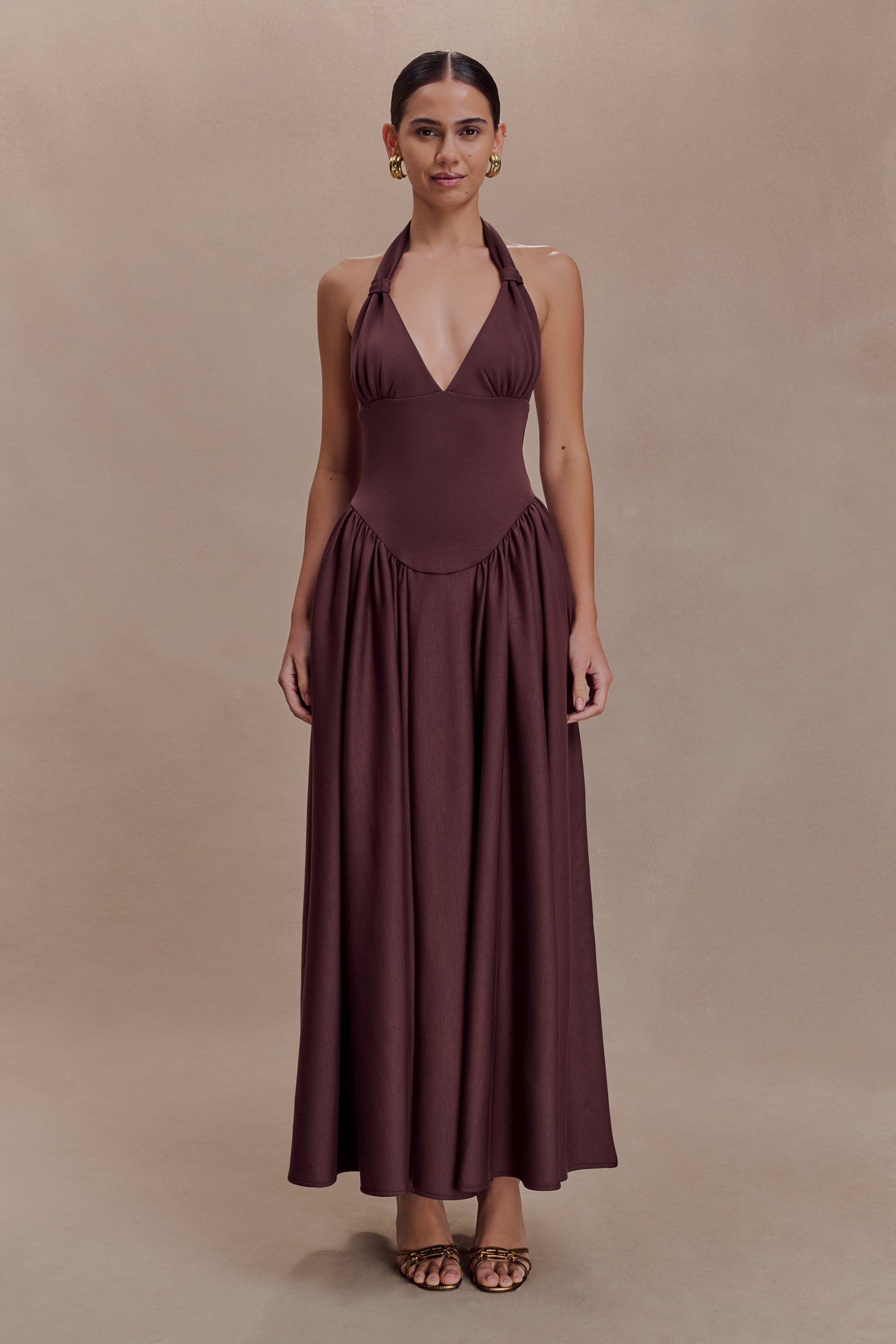 Angelina Scuba Halter Midi Dress - Chocolate #2