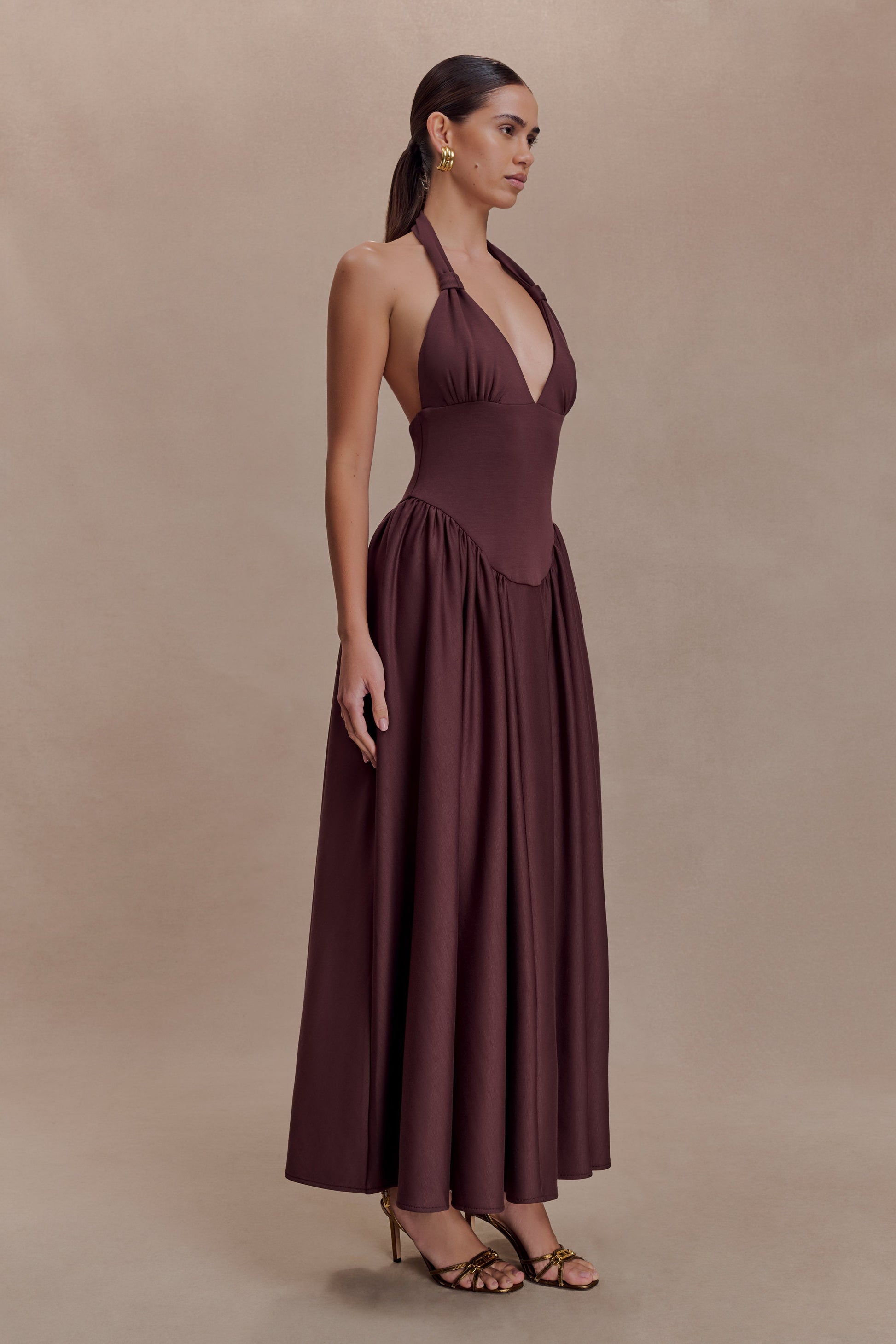 Angelina Scuba Halter Midi Dress - Chocolate #5