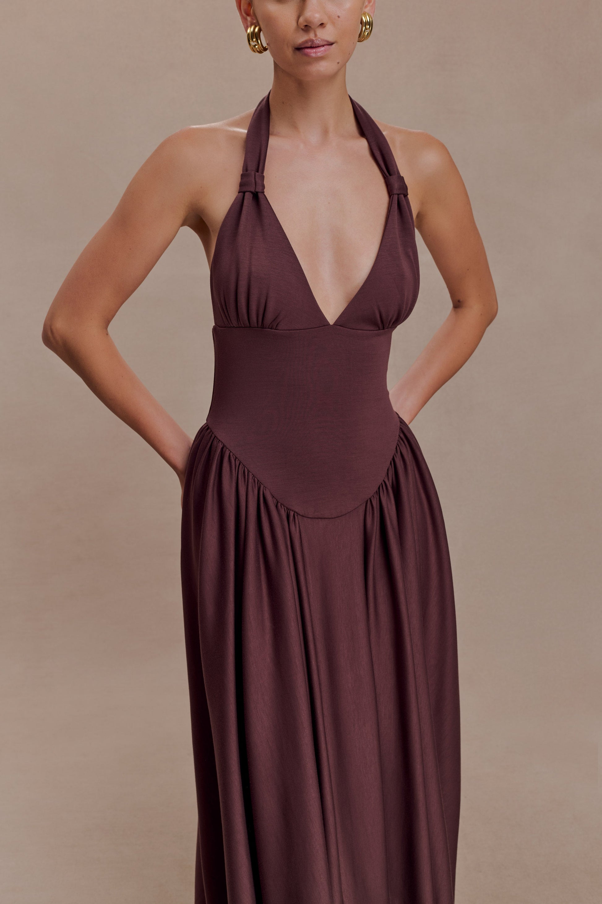 Angelina Scuba Halter Midi Dress - Chocolate #3