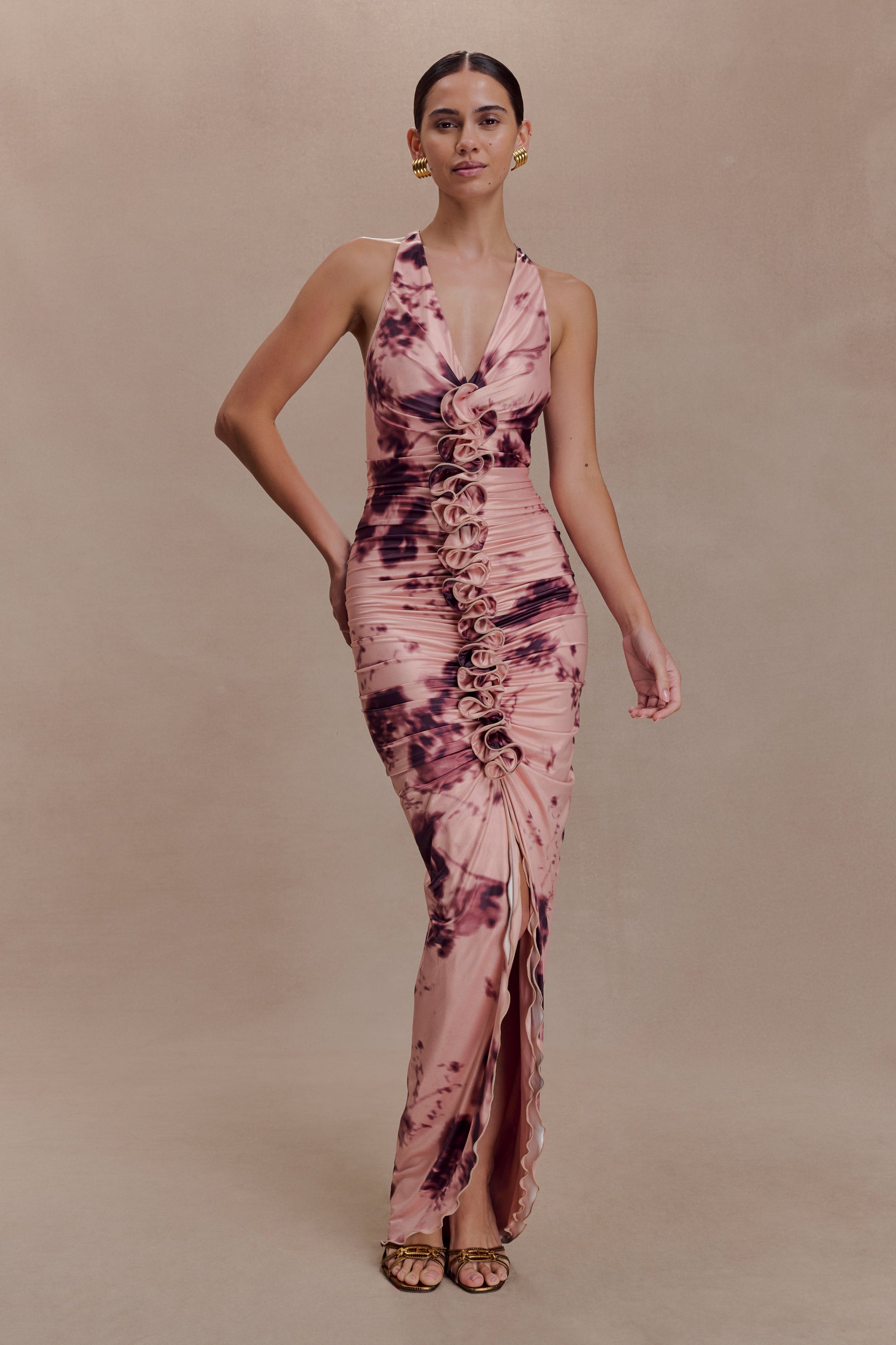 Alessandra Slinky Ruffle Maxi Dress - Pink Blurred Floral Print #6