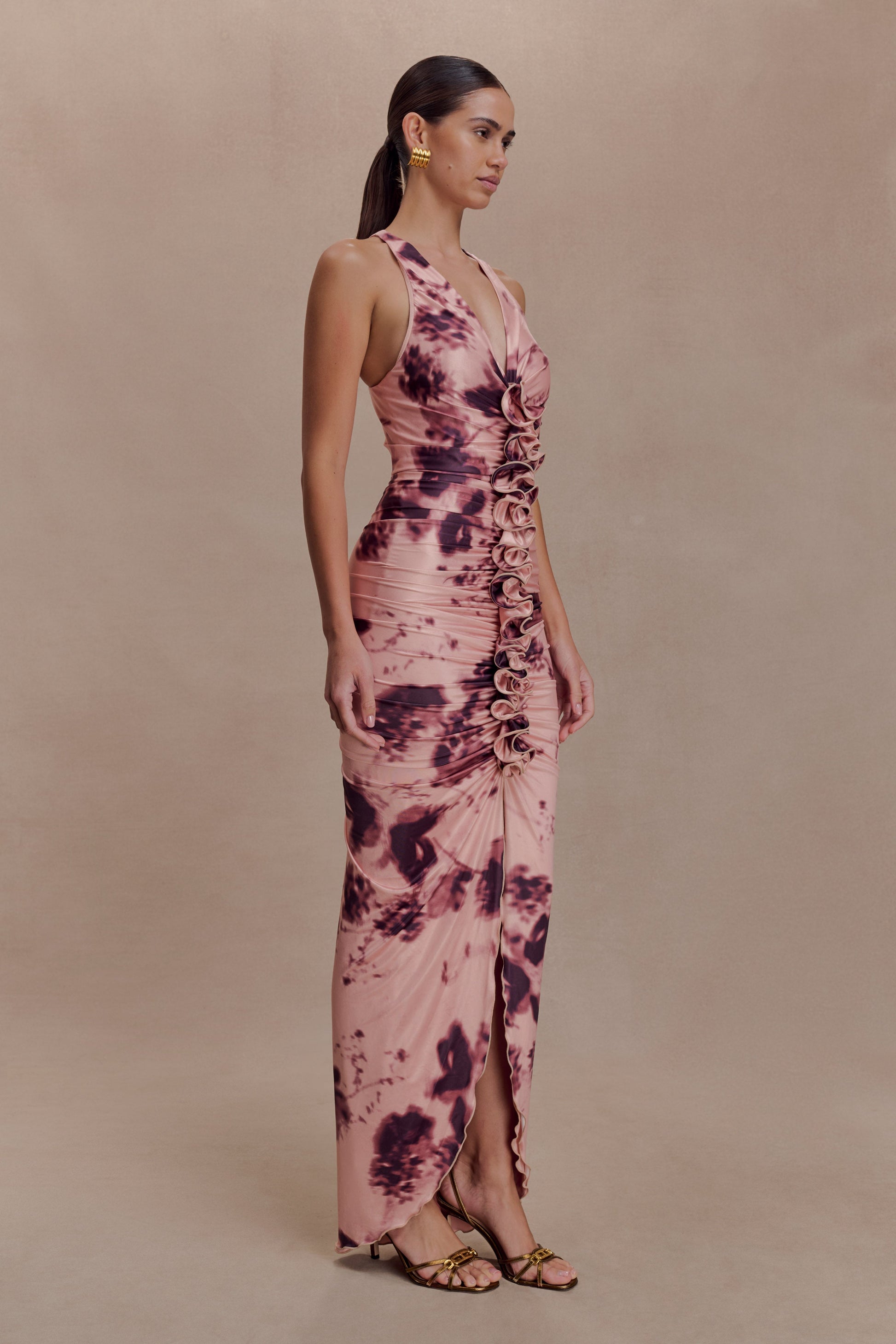 Alessandra Slinky Ruffle Maxi Dress - Pink Blurred Floral Print #3