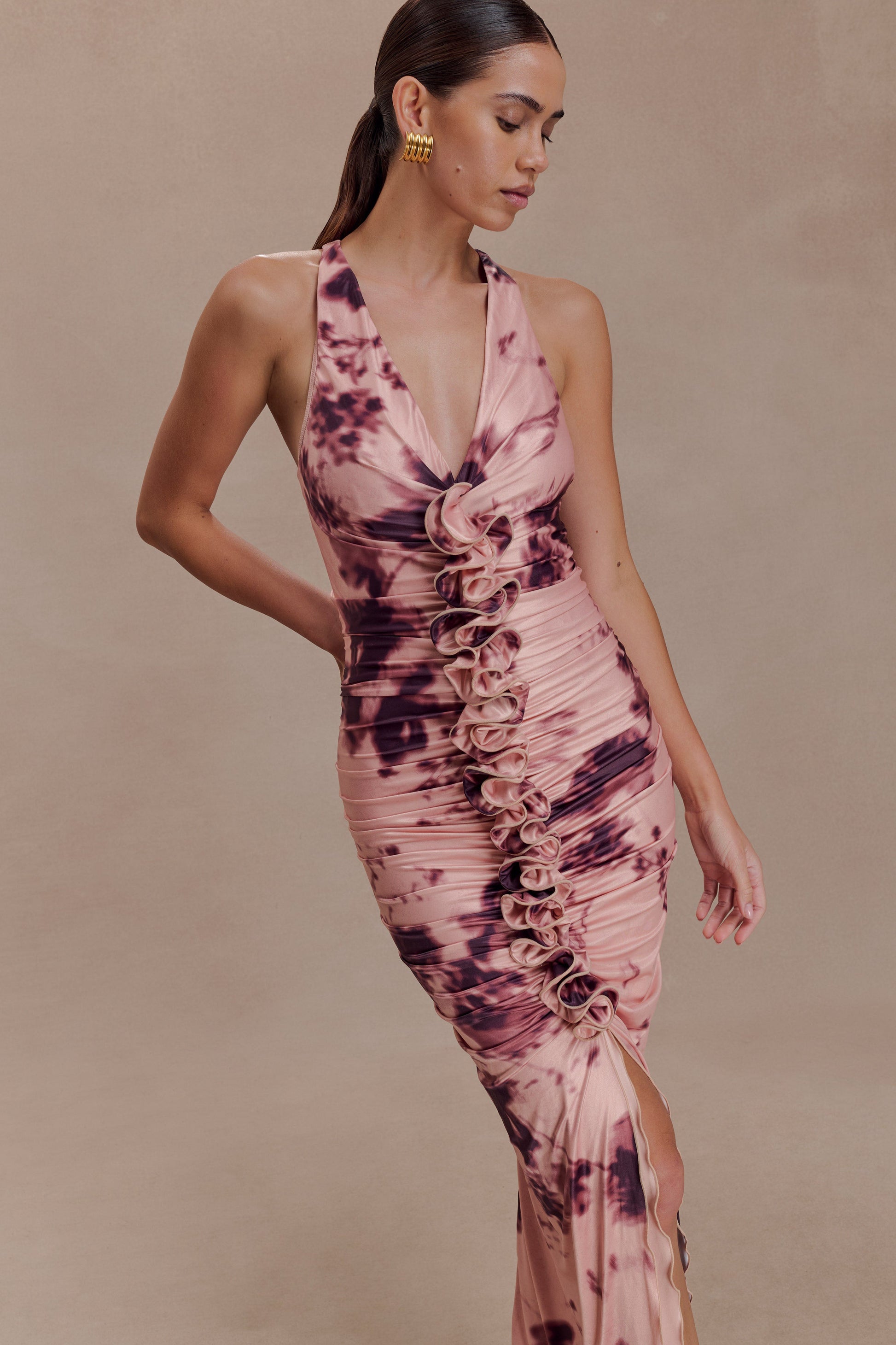 Alessandra Slinky Ruffle Maxi Dress - Pink Blurred Floral Print #3
