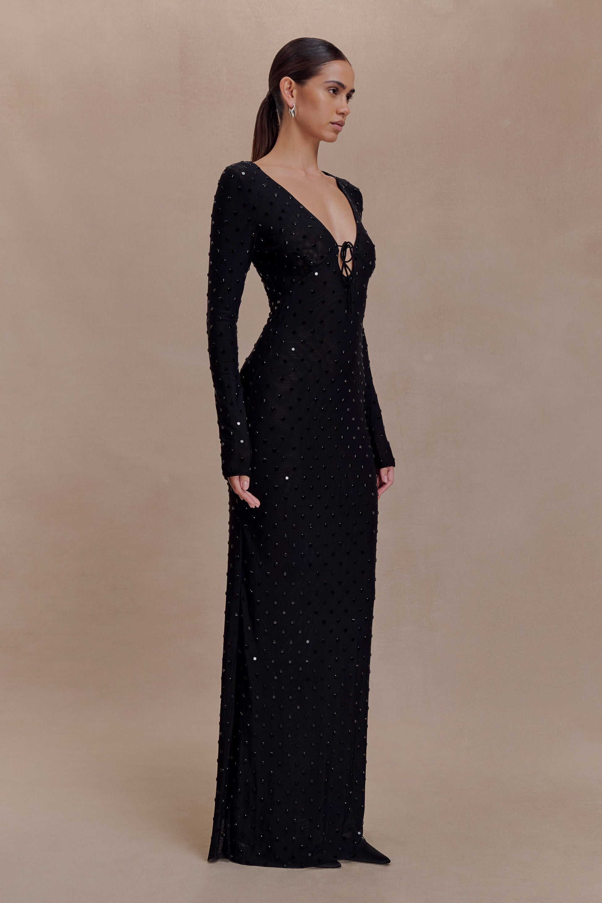 Acadia Diamante Long Sleeve Maxi Dress - Black #8