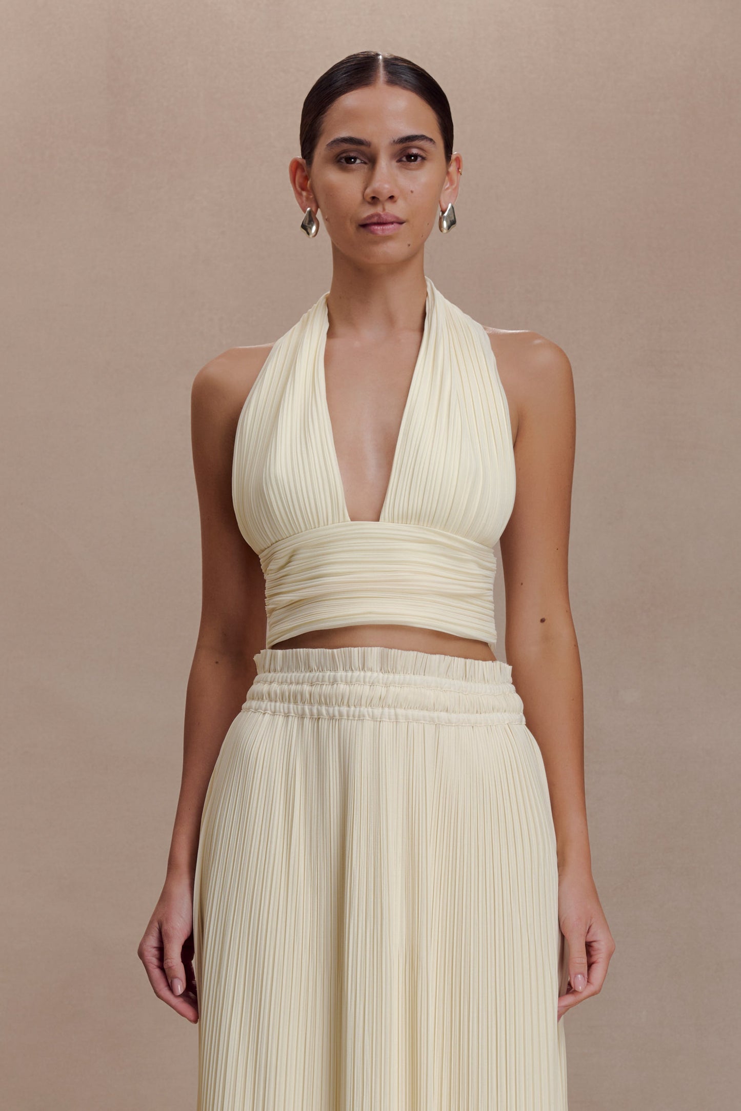 Amaris Sleeveless Plisse Halter Top - Lemon