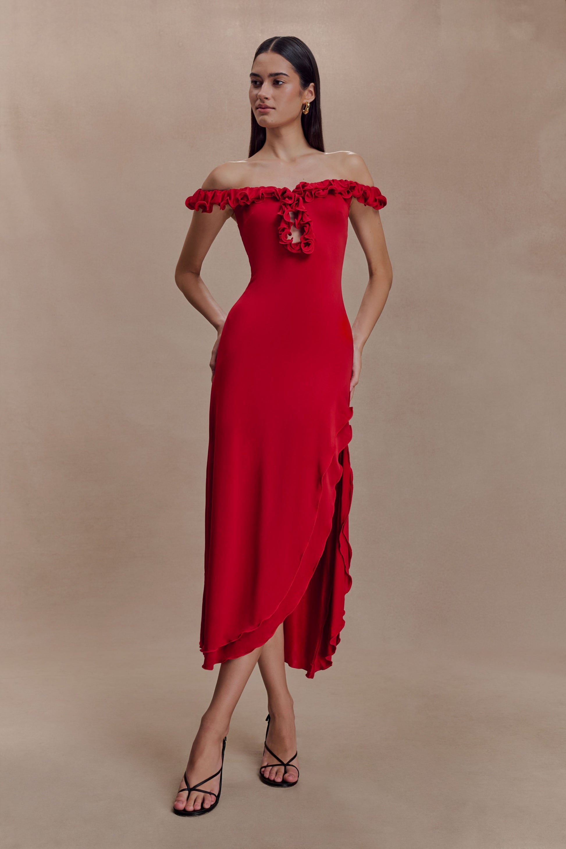 Allegra Off Shoulder Ruffle Midi Dress - Ruby #6