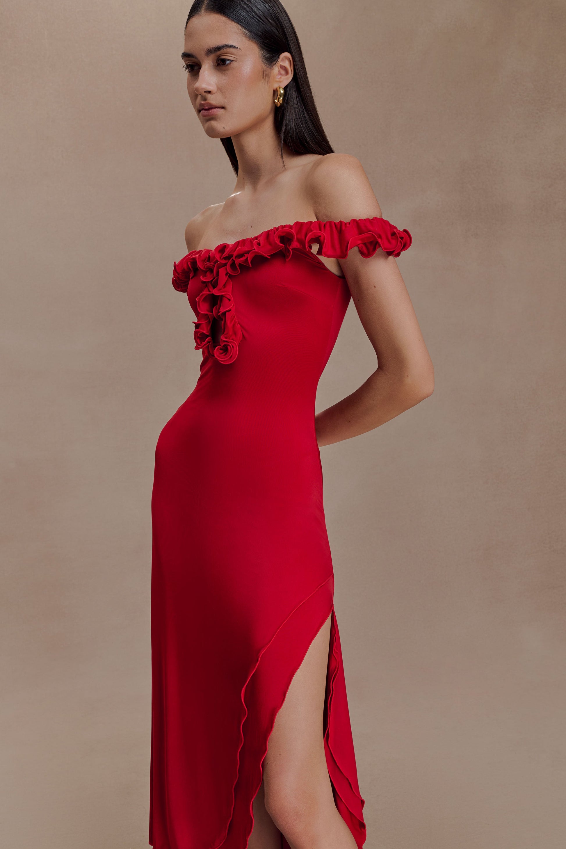 Allegra Off Shoulder Ruffle Midi Dress - Ruby #3