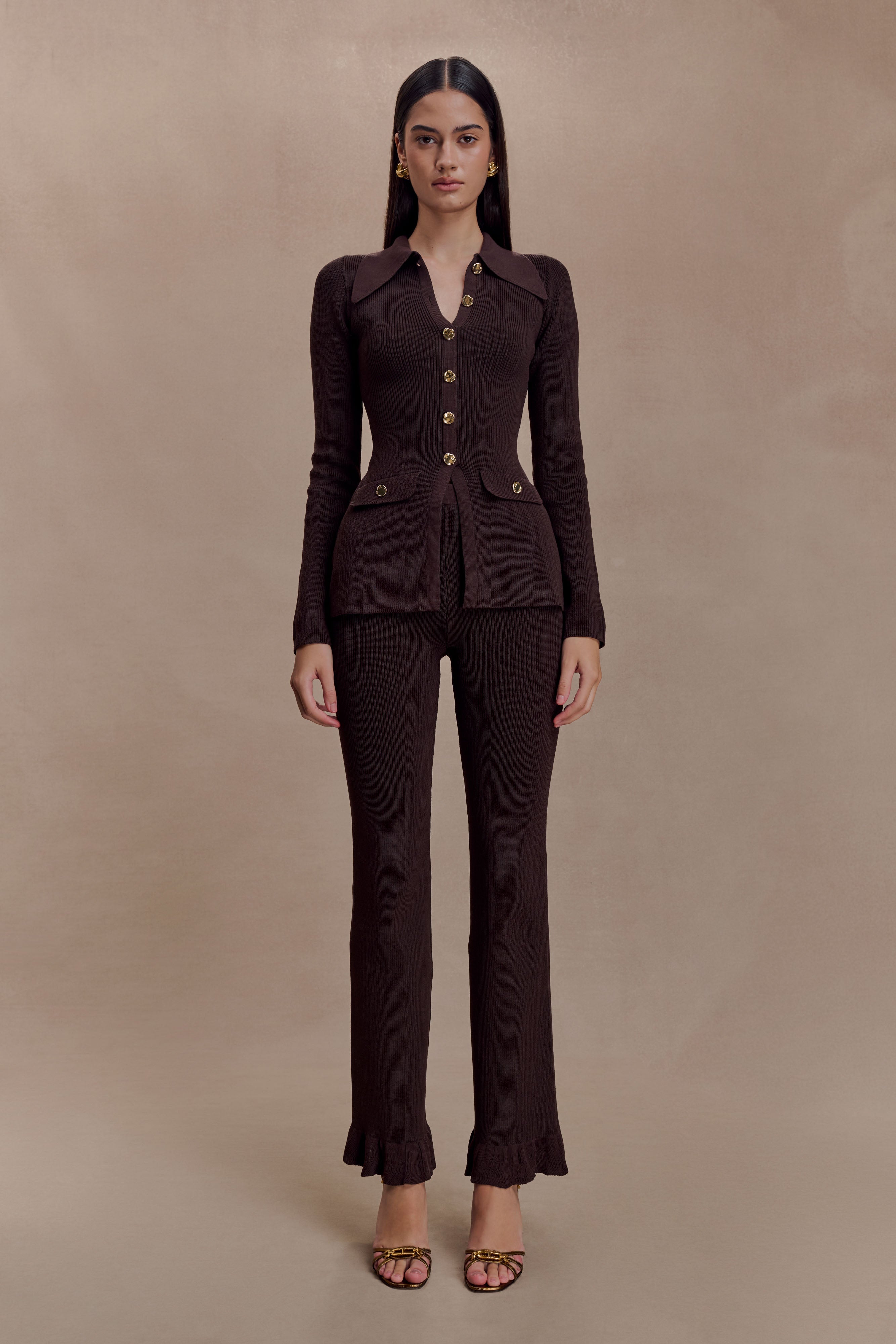 Suzie Ribbed Flared Pants - Chocolate | MESHKI UK