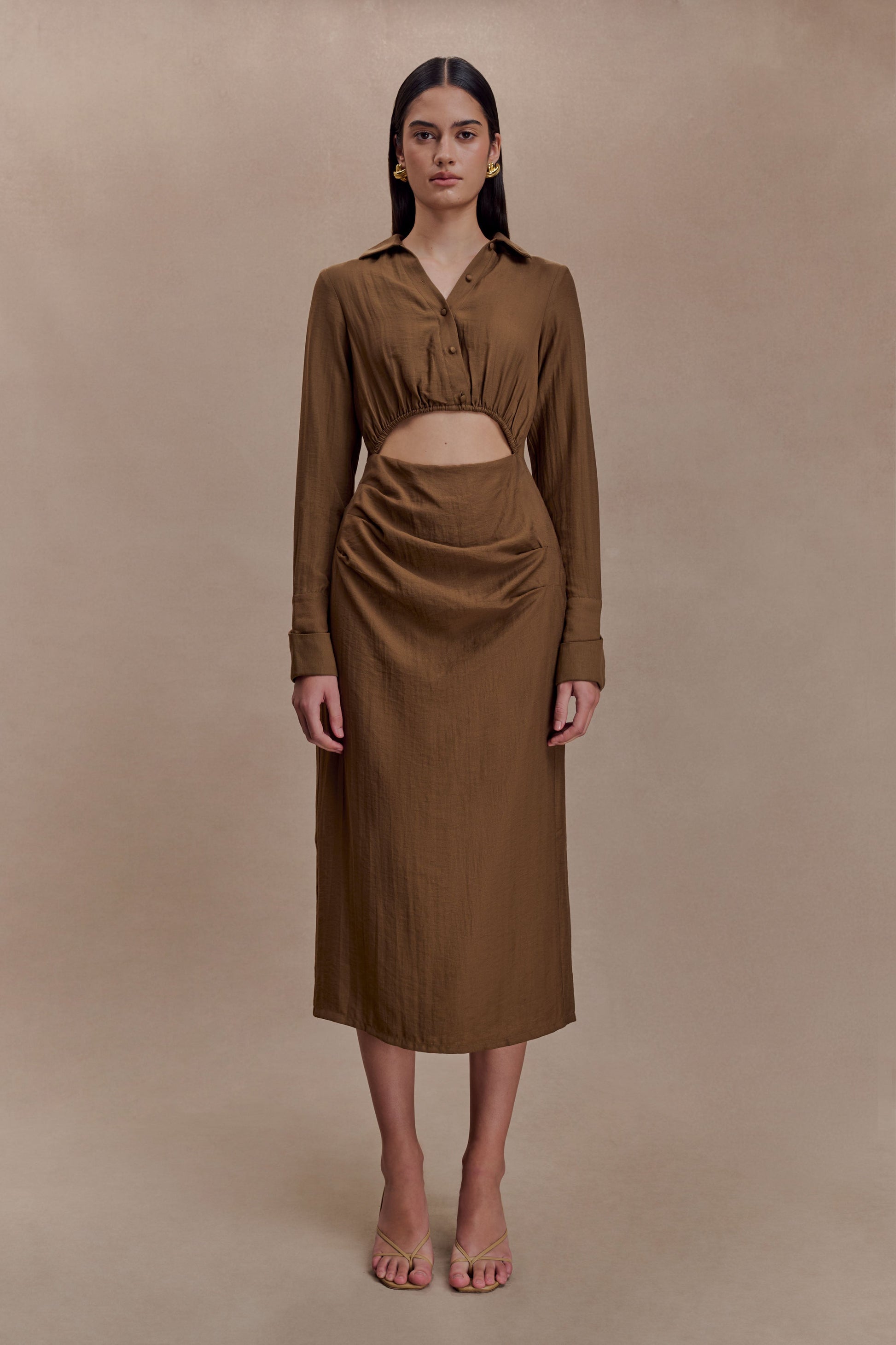 Cecilie Cut Out Shirt Midi Dress - Dark Chocolate #4