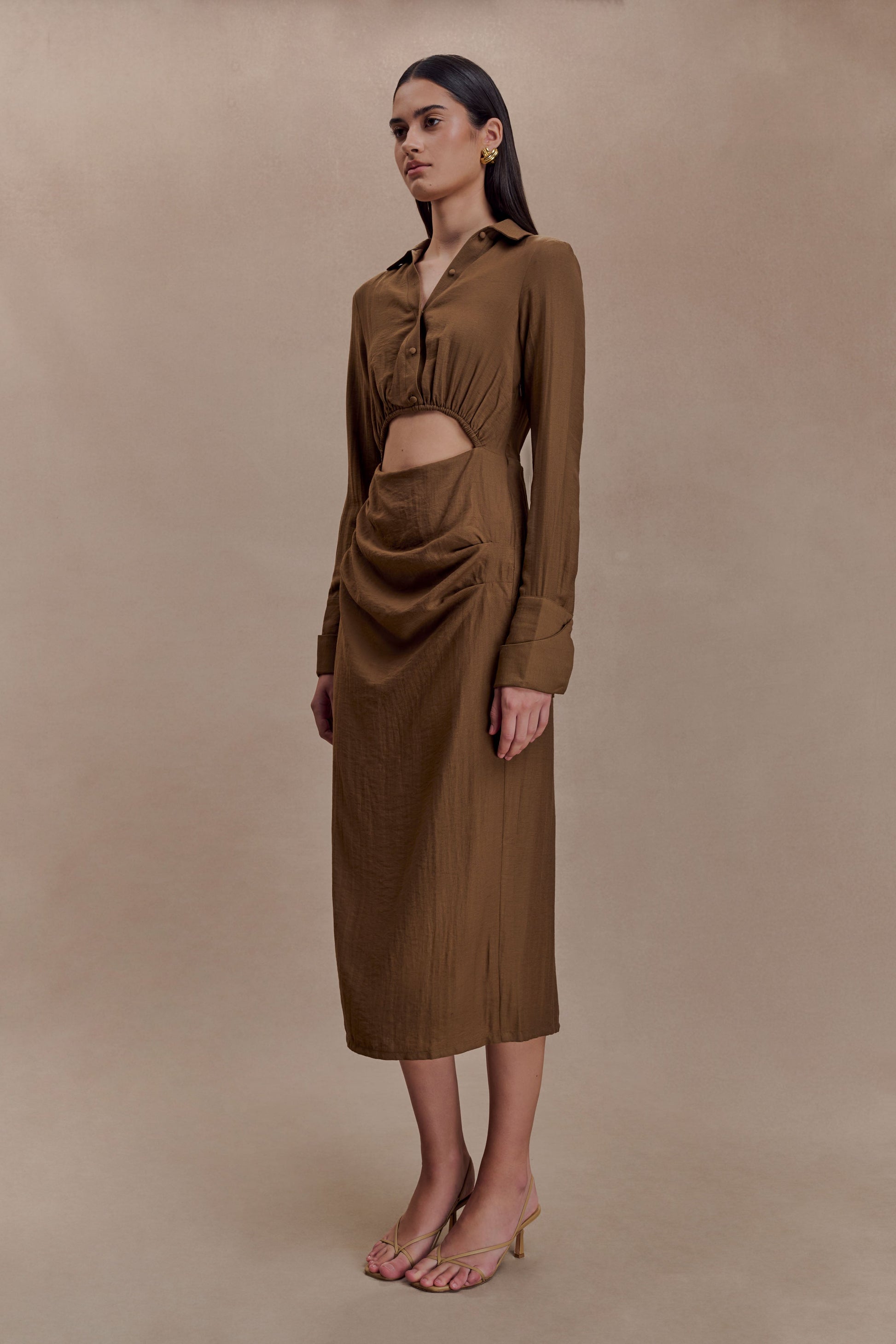 Cecilie Cut Out Shirt Midi Dress - Dark Chocolate #4