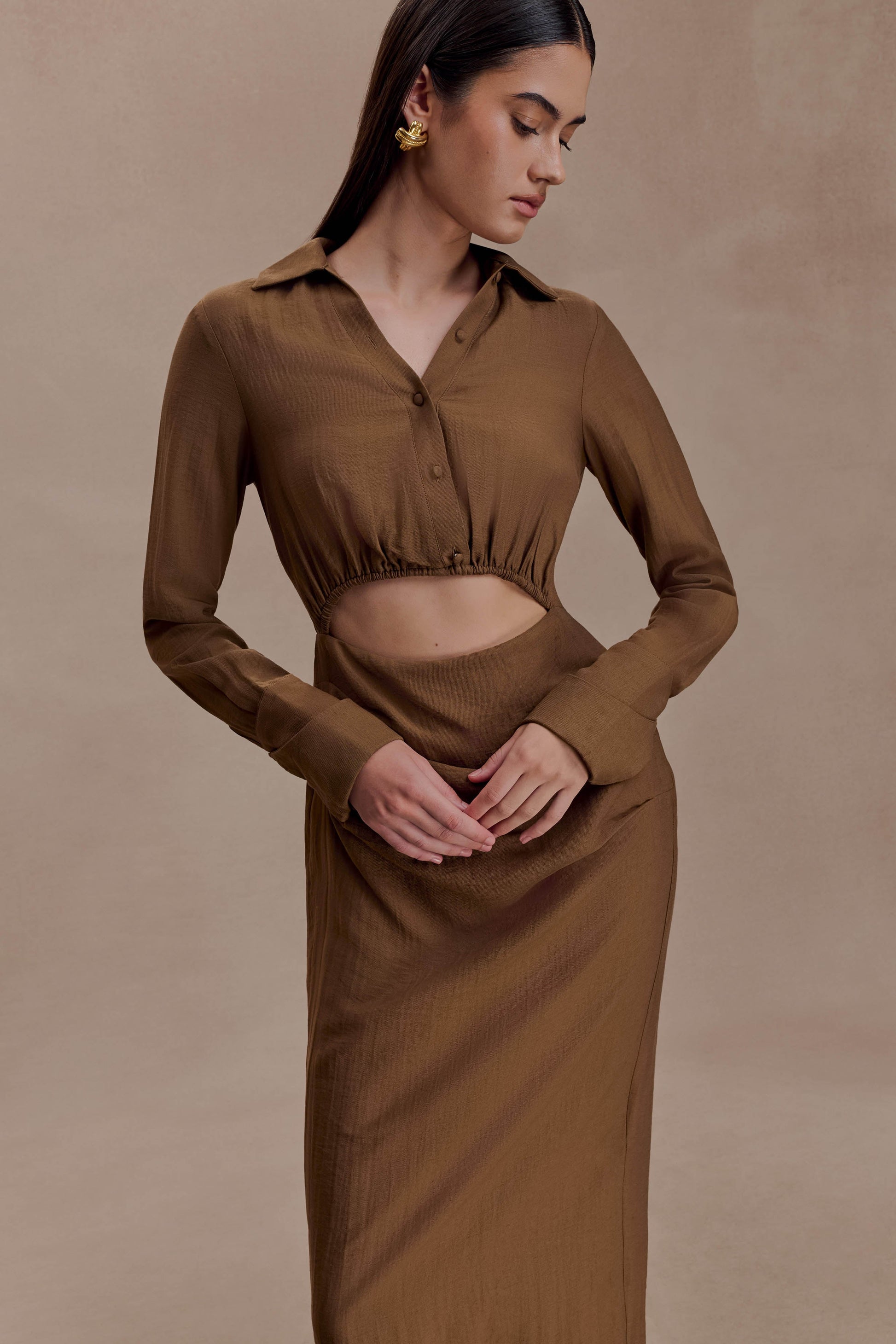 Cecilie Cut Out Shirt Midi Dress - Dark Chocolate #3