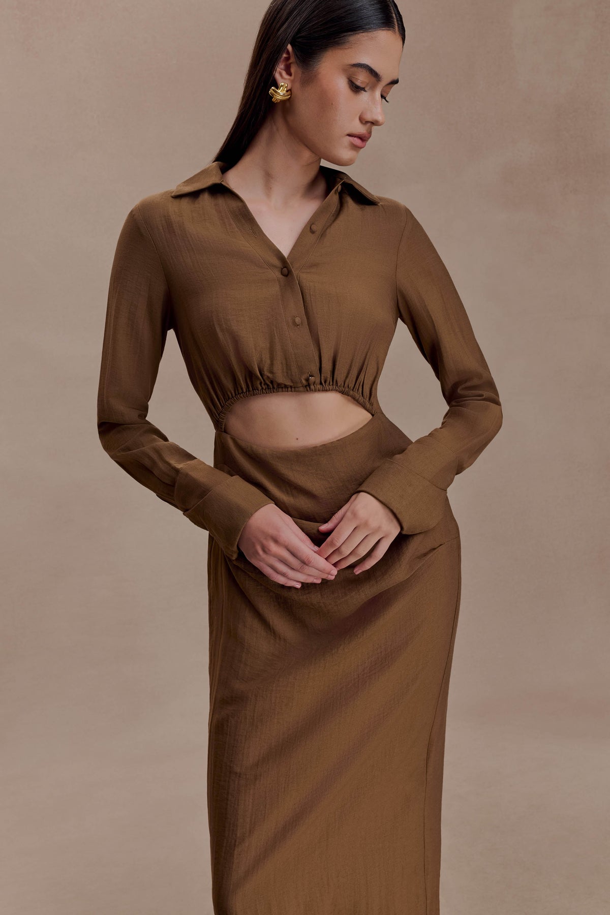 Cecilie Cut Out Shirt Midi Dress - Dark Chocolate #3