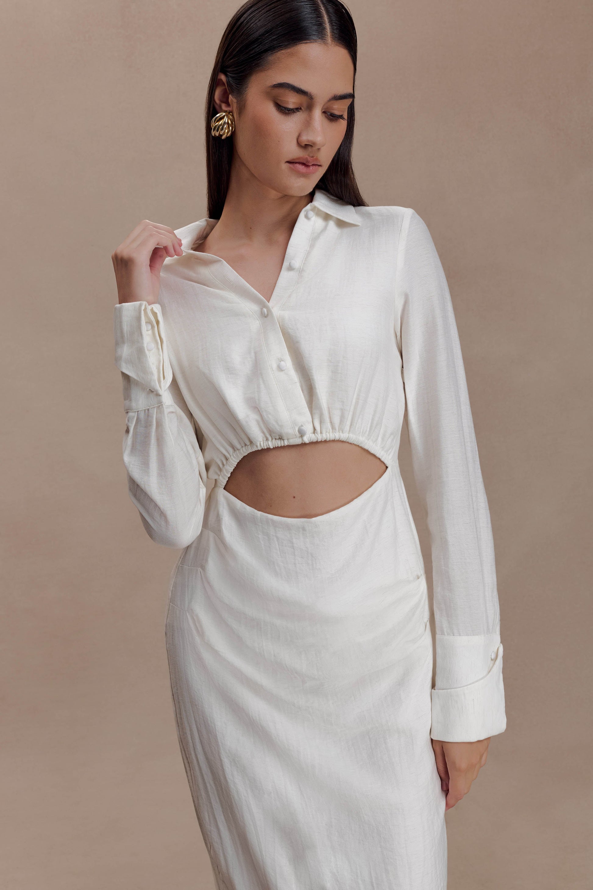 Cecilie Cut Out Shirt Midi Dress - White Cecilie Cut Out Shirt Midi Dress - White