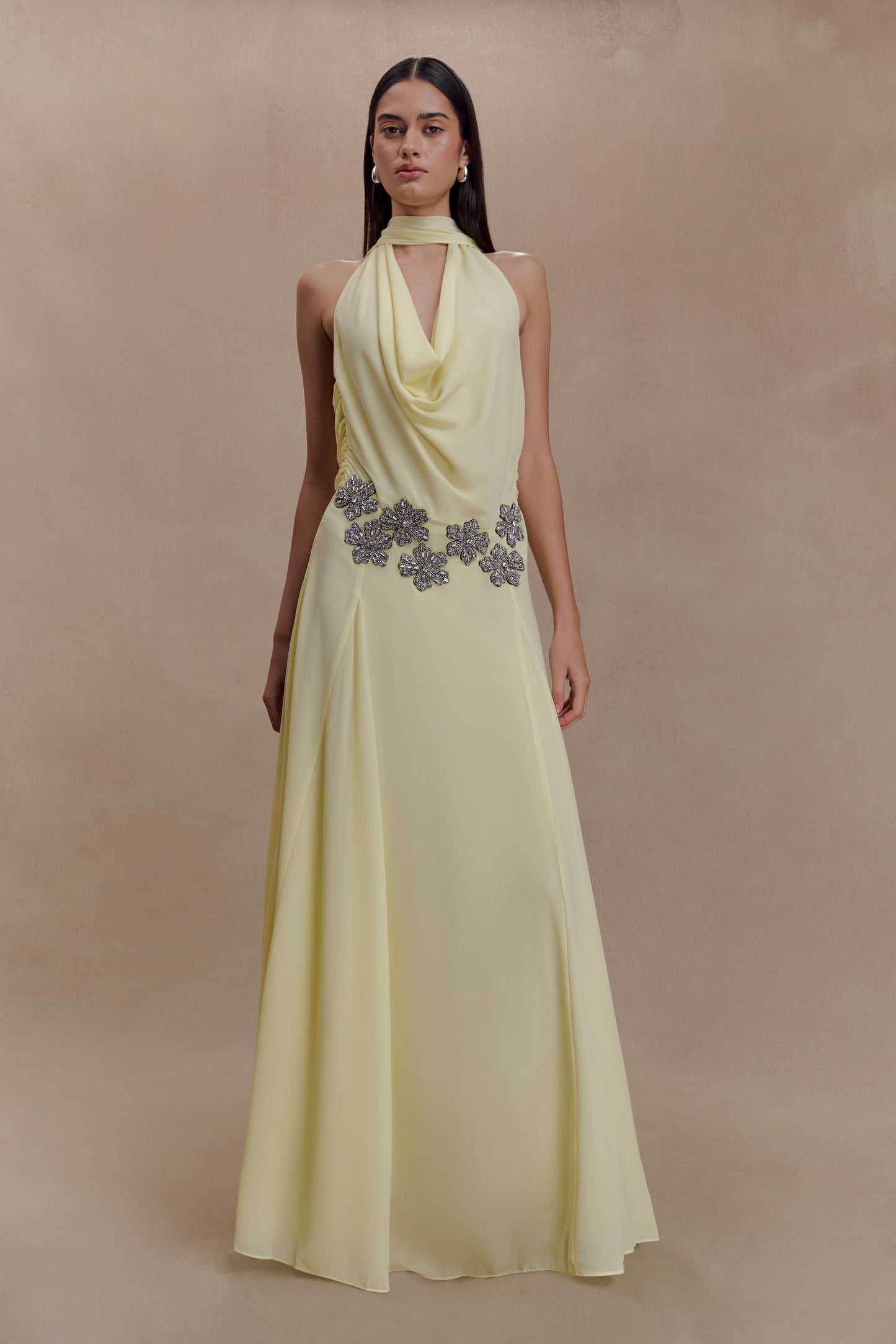 Santal Floral Chiffon Halter Maxi Dress - Lemon