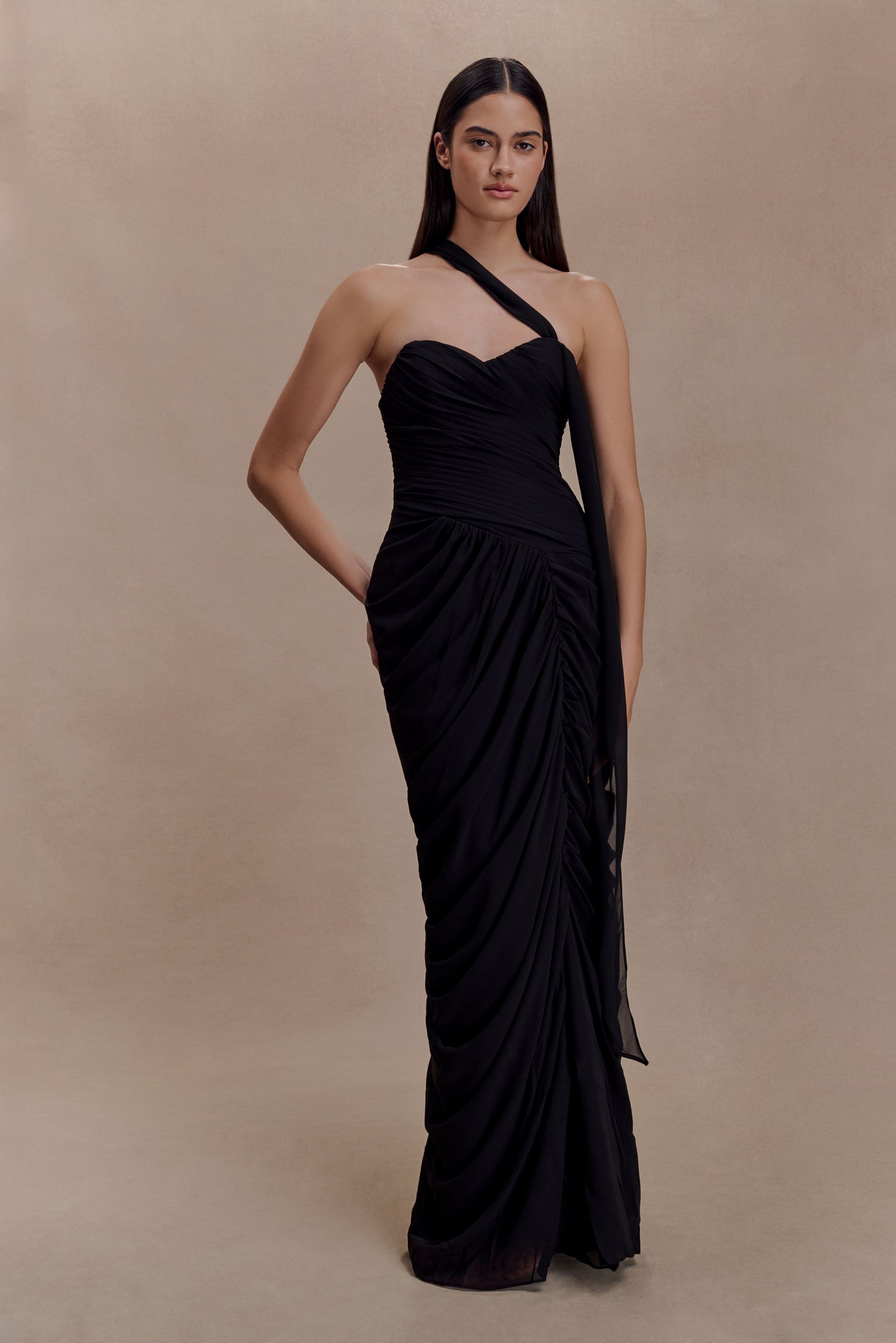 Micaela Chiffon Gathered Maxi Dress - Black