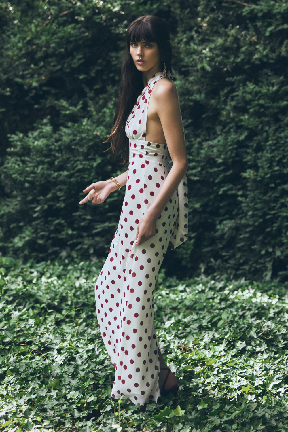 Nadine Halter Chiffon Maxi Dress - Ivory/Merlot Polka Dot #7