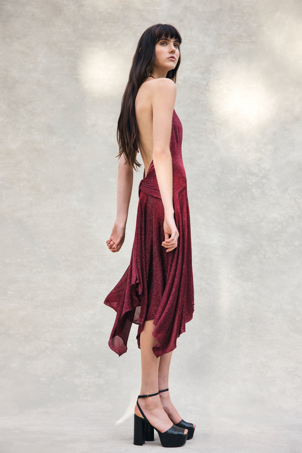 Sylvie Lurex Hankie Midi Dress - Wine #2