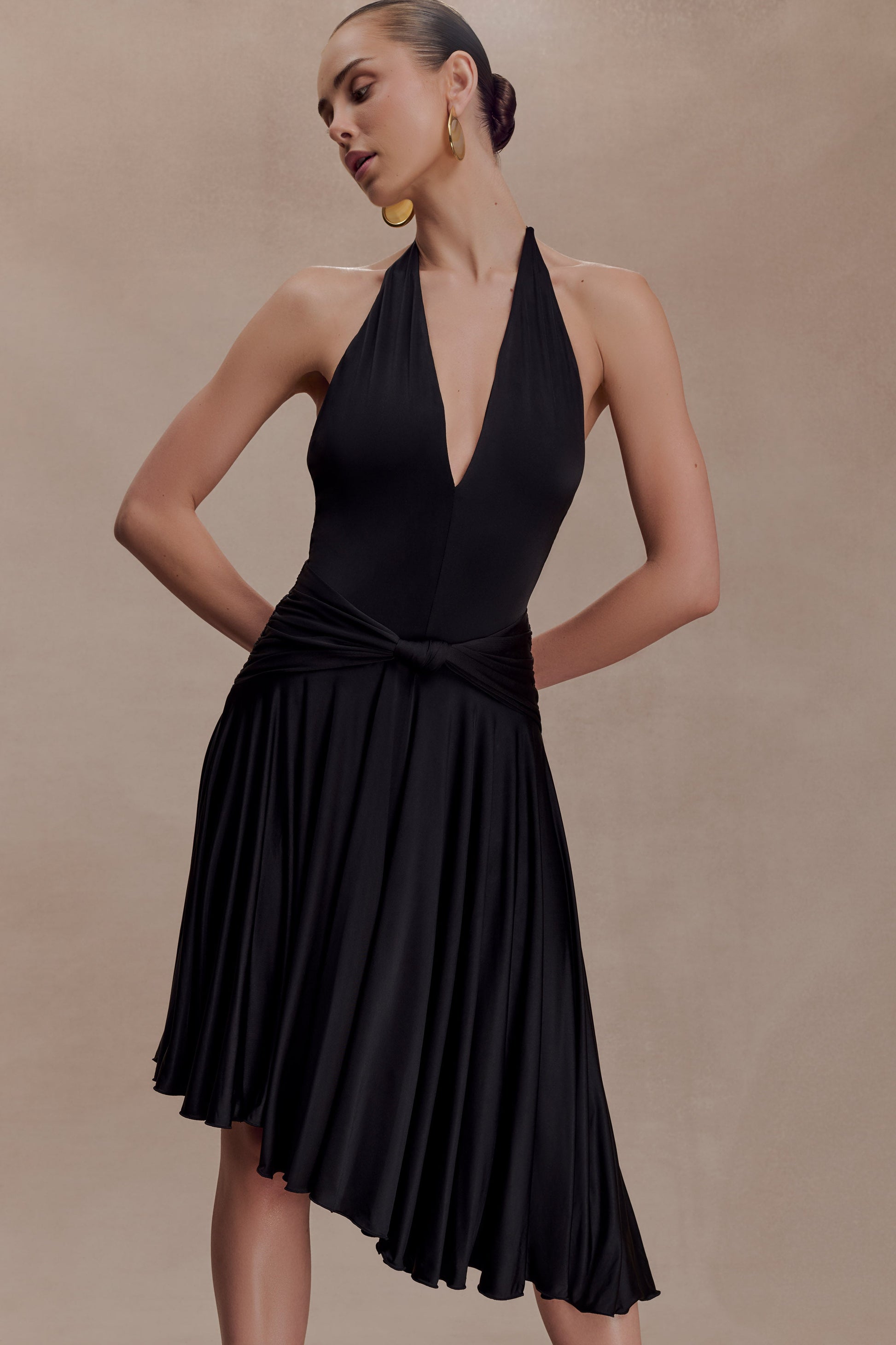 Zelda Asymmetric Slinky Midi Dress - Black #3