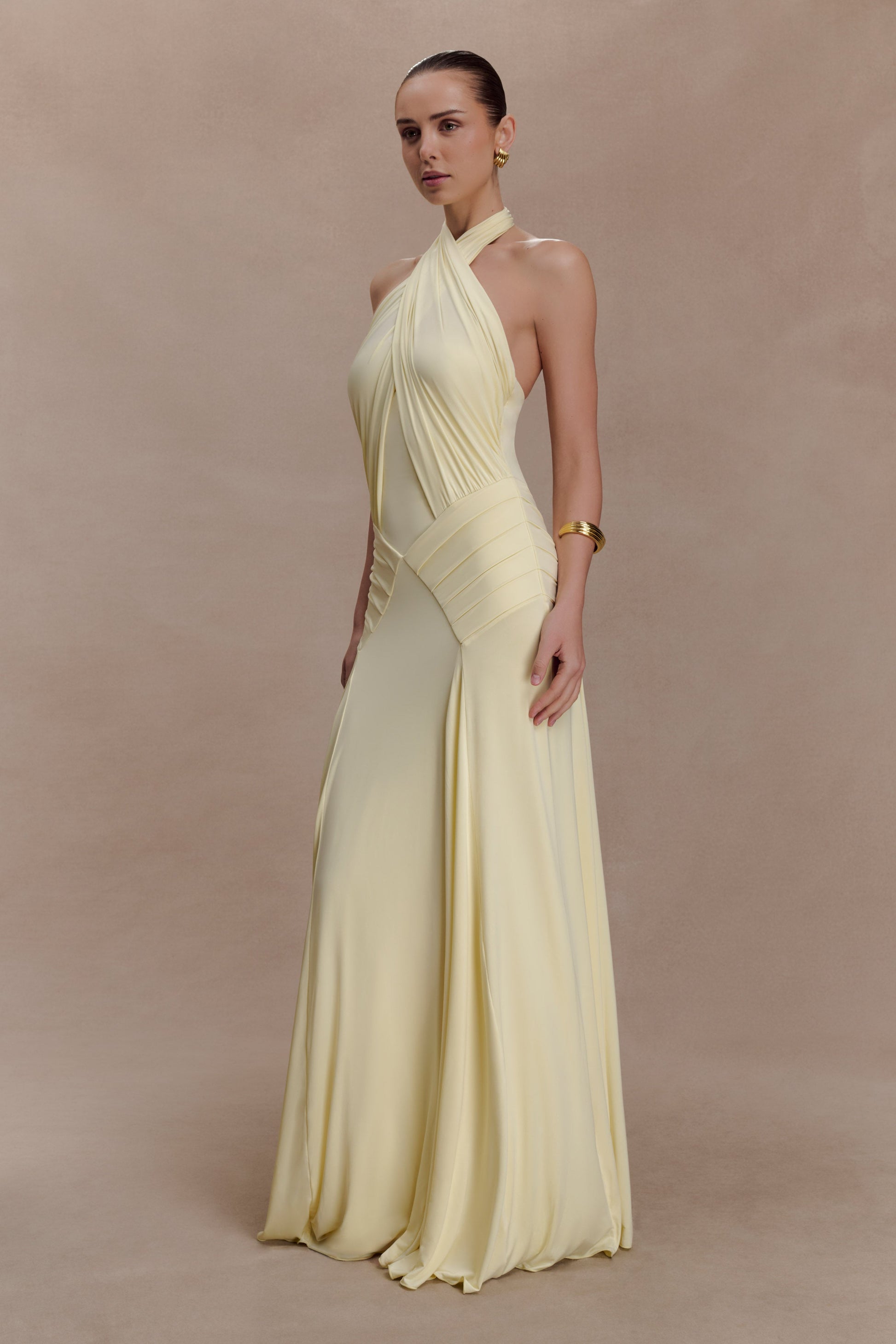 Indira Gathered Slinky Halter Maxi Dress - Lemon #4