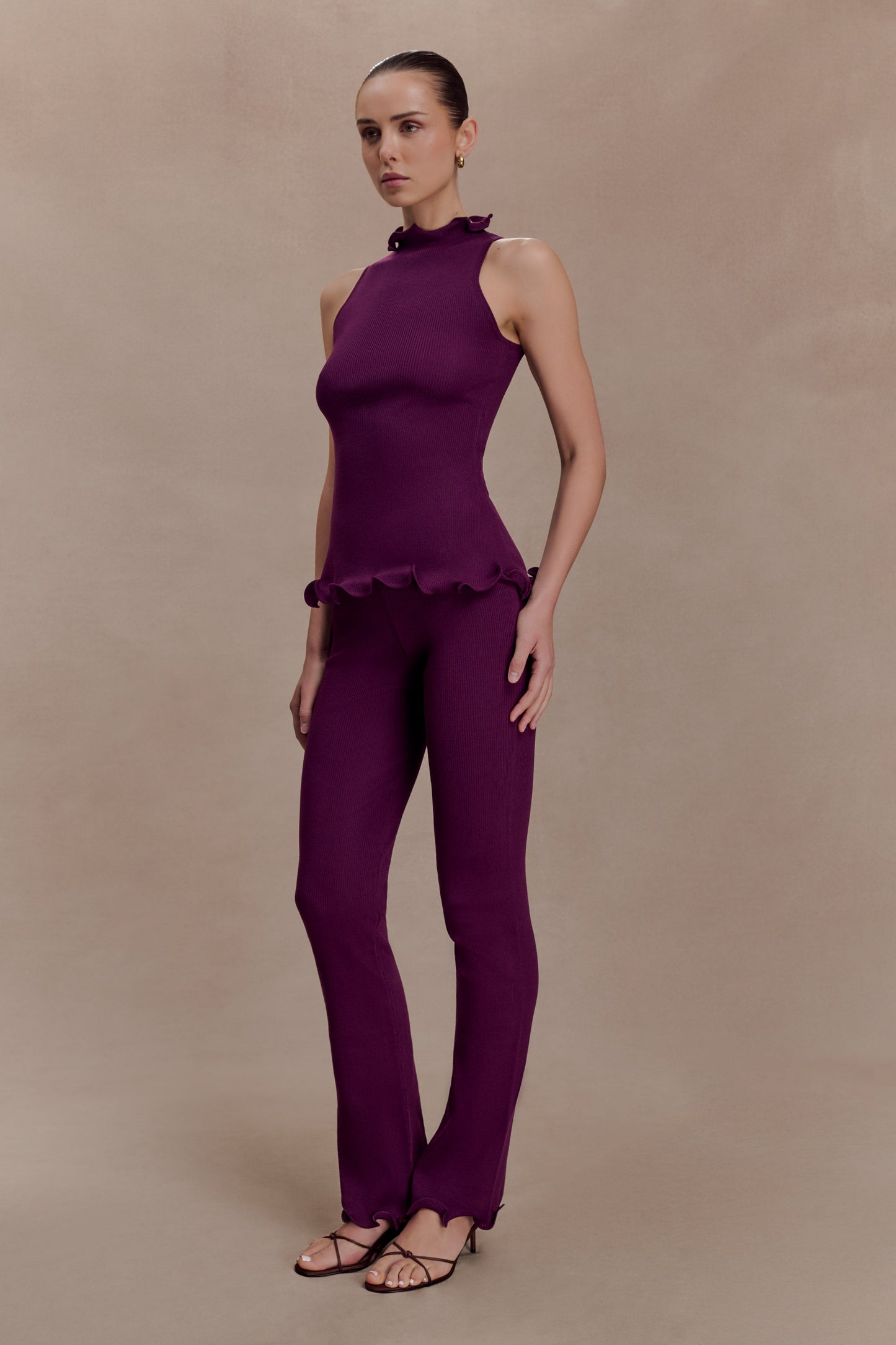 Diya Ribbed High Waisted Pants With Wire Hem - Plum