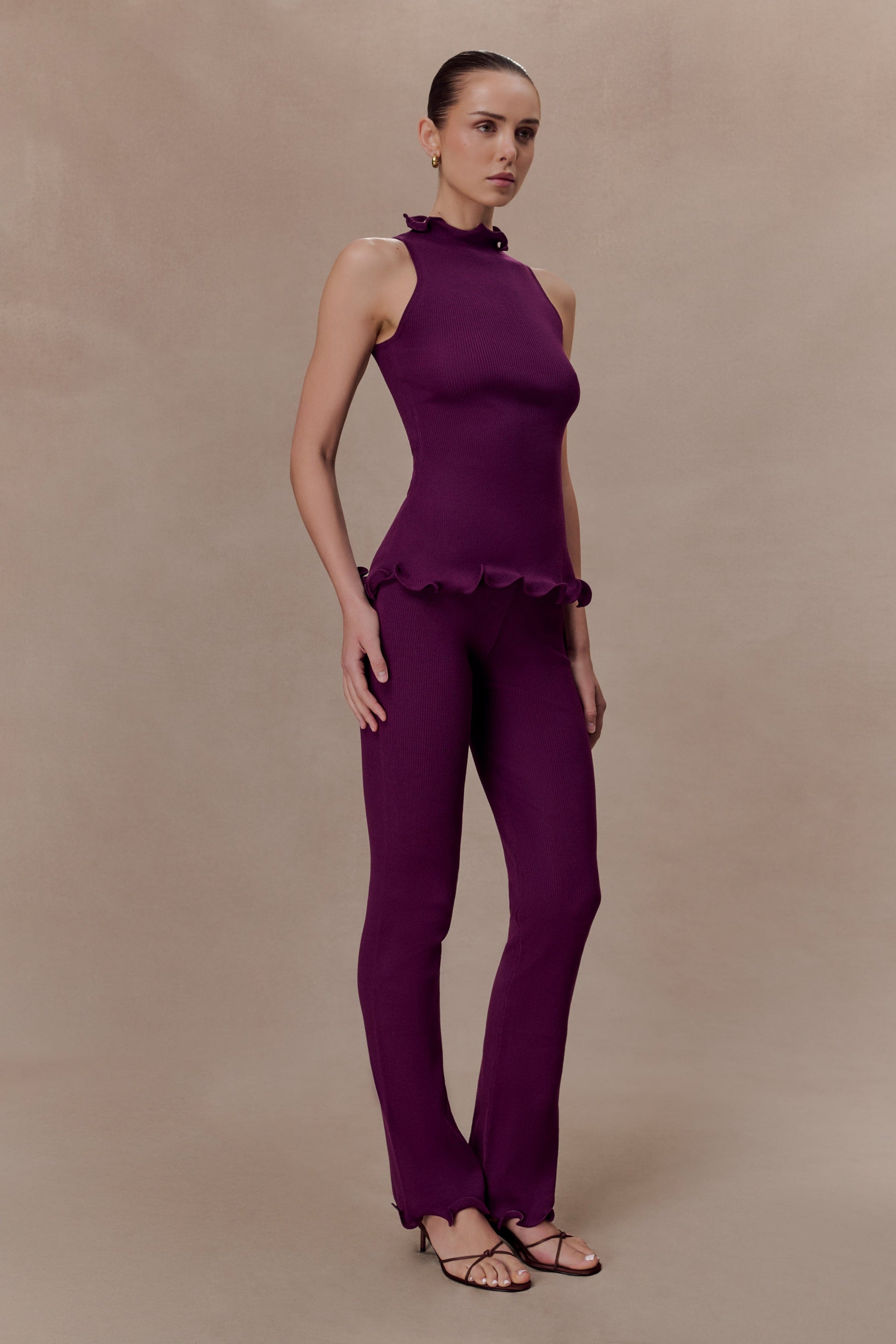 Diya Ribbed High Waisted Pants With Wire Hem - Plum #4