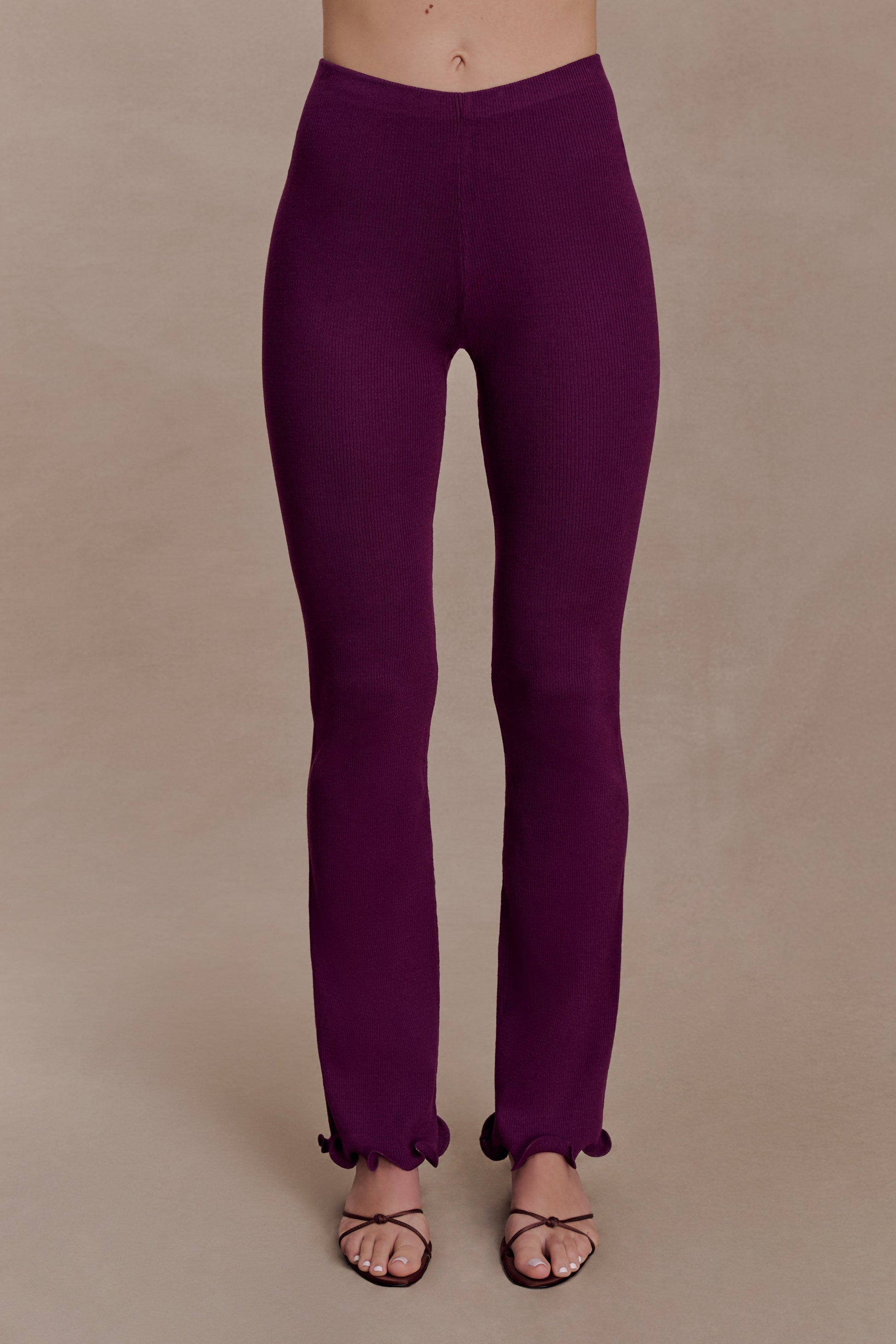 Diya Ribbed High Waisted Pants With Wire Hem - Plum #7