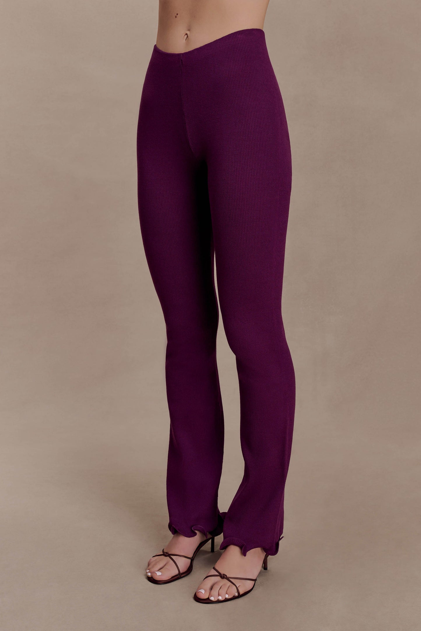 Diya Ribbed High Waisted Pants With Wire Hem - Plum