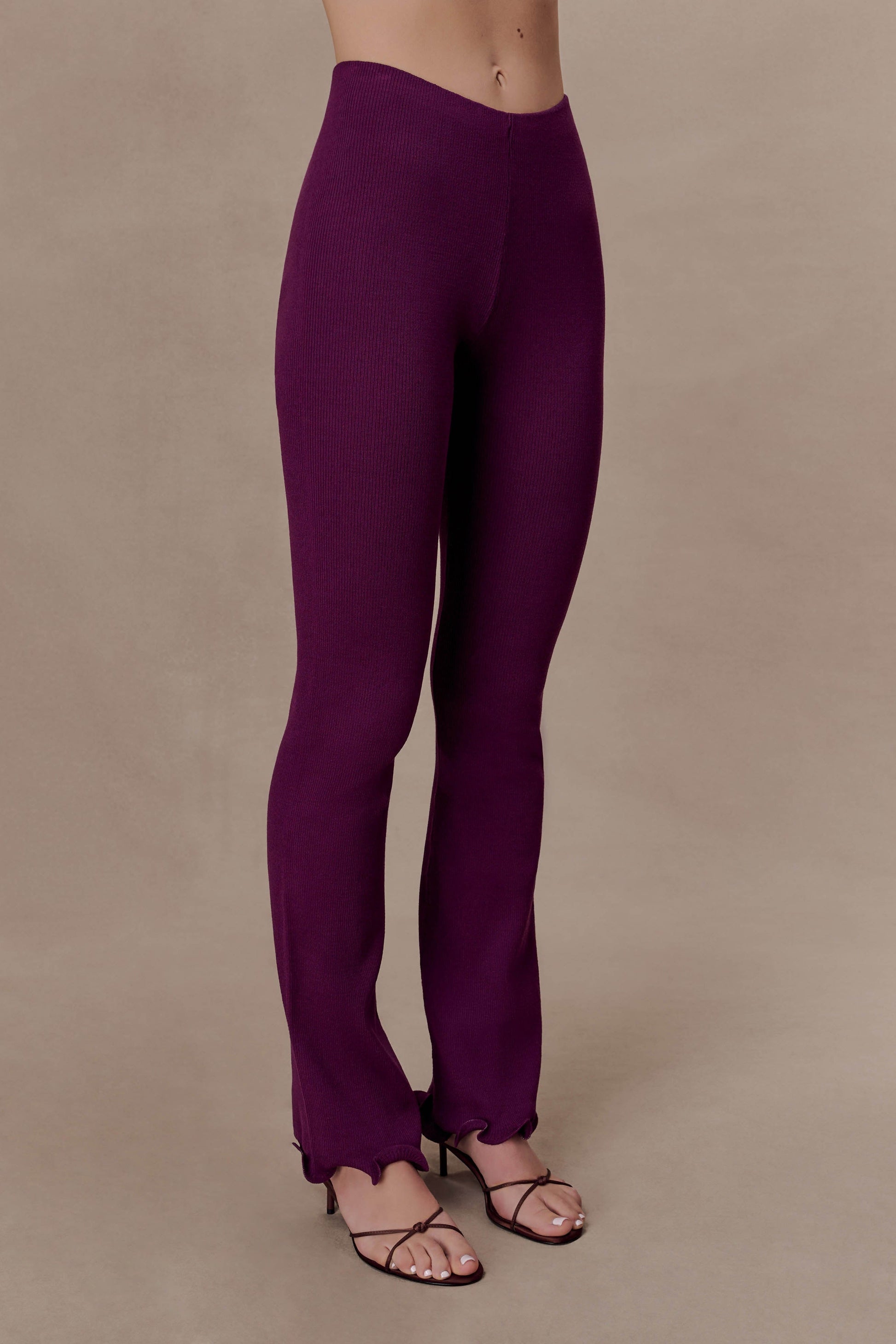 Diya Ribbed High Waisted Pants With Wire Hem - Plum #4