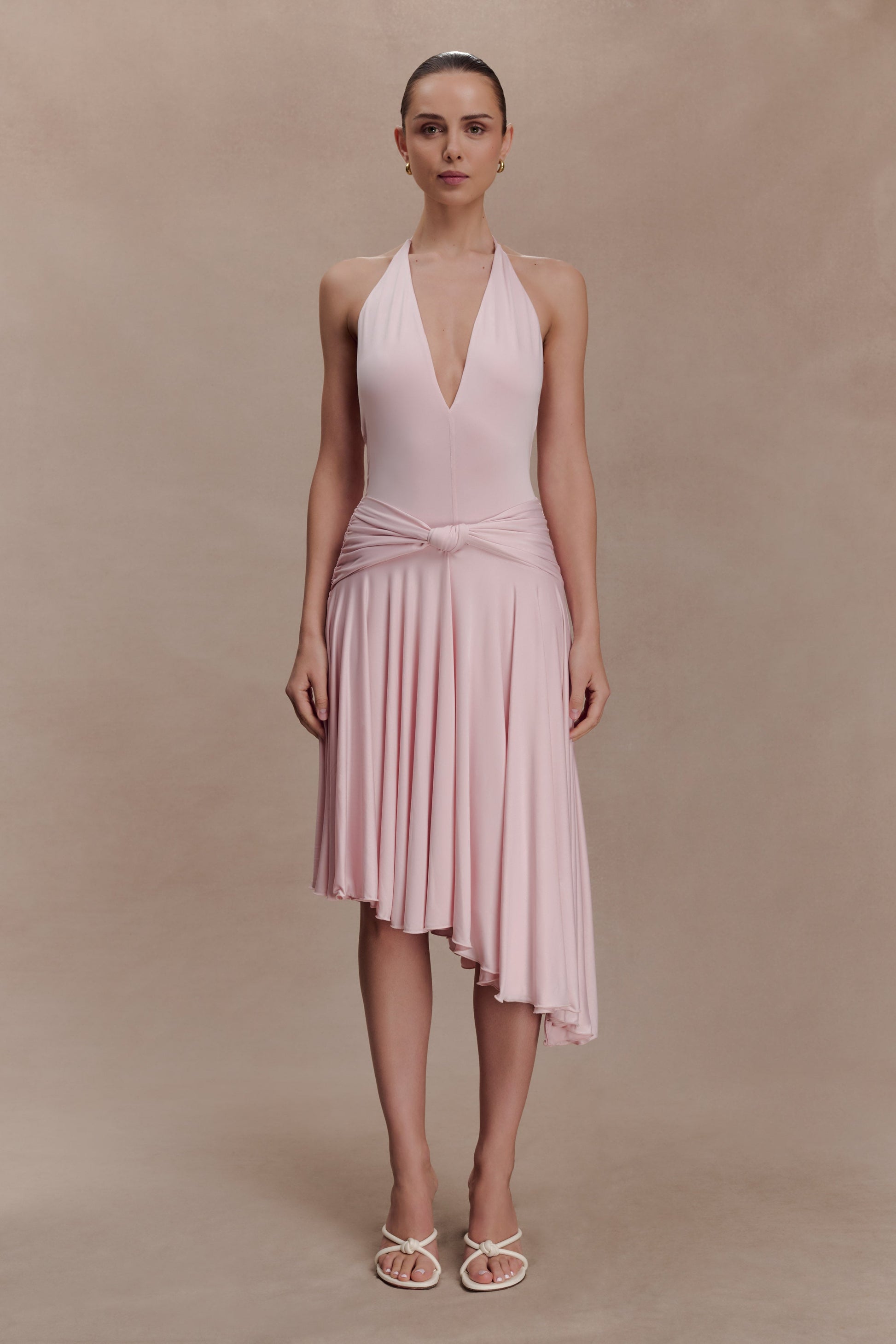 Zelda Asymmetric Slinky Midi Dress - Ballet Pink #2