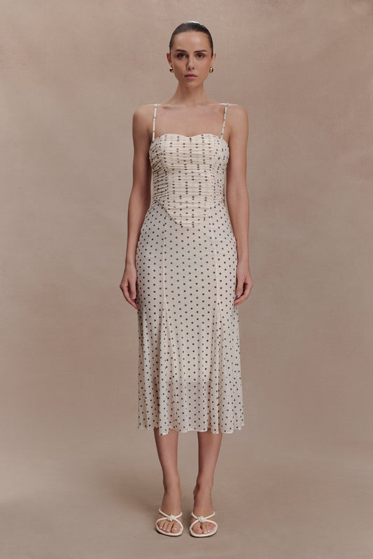 Willa Gathered Mesh Midi Dress - Polka Dot