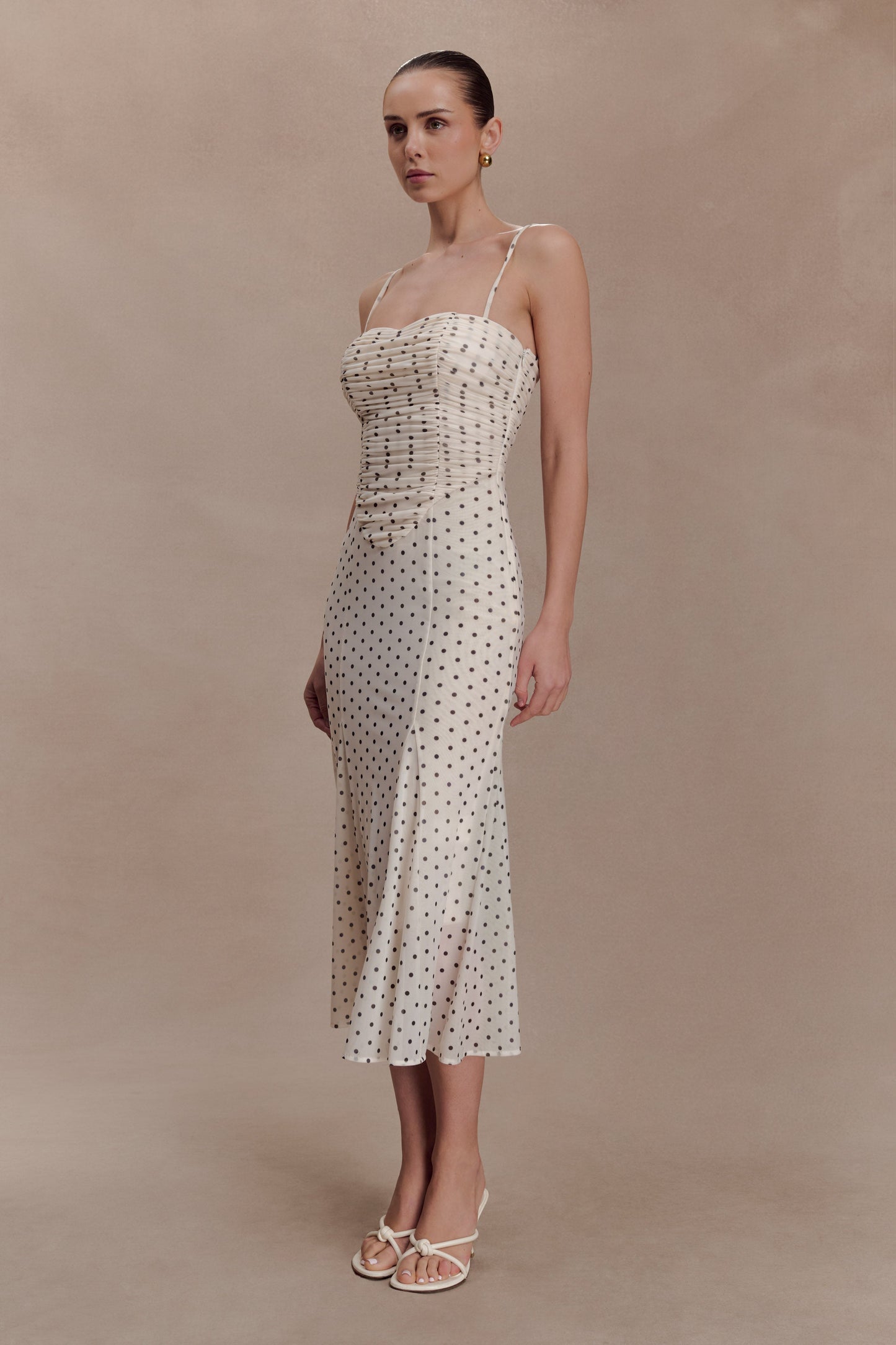 Willa Gathered Mesh Midi Dress - Polka Dot