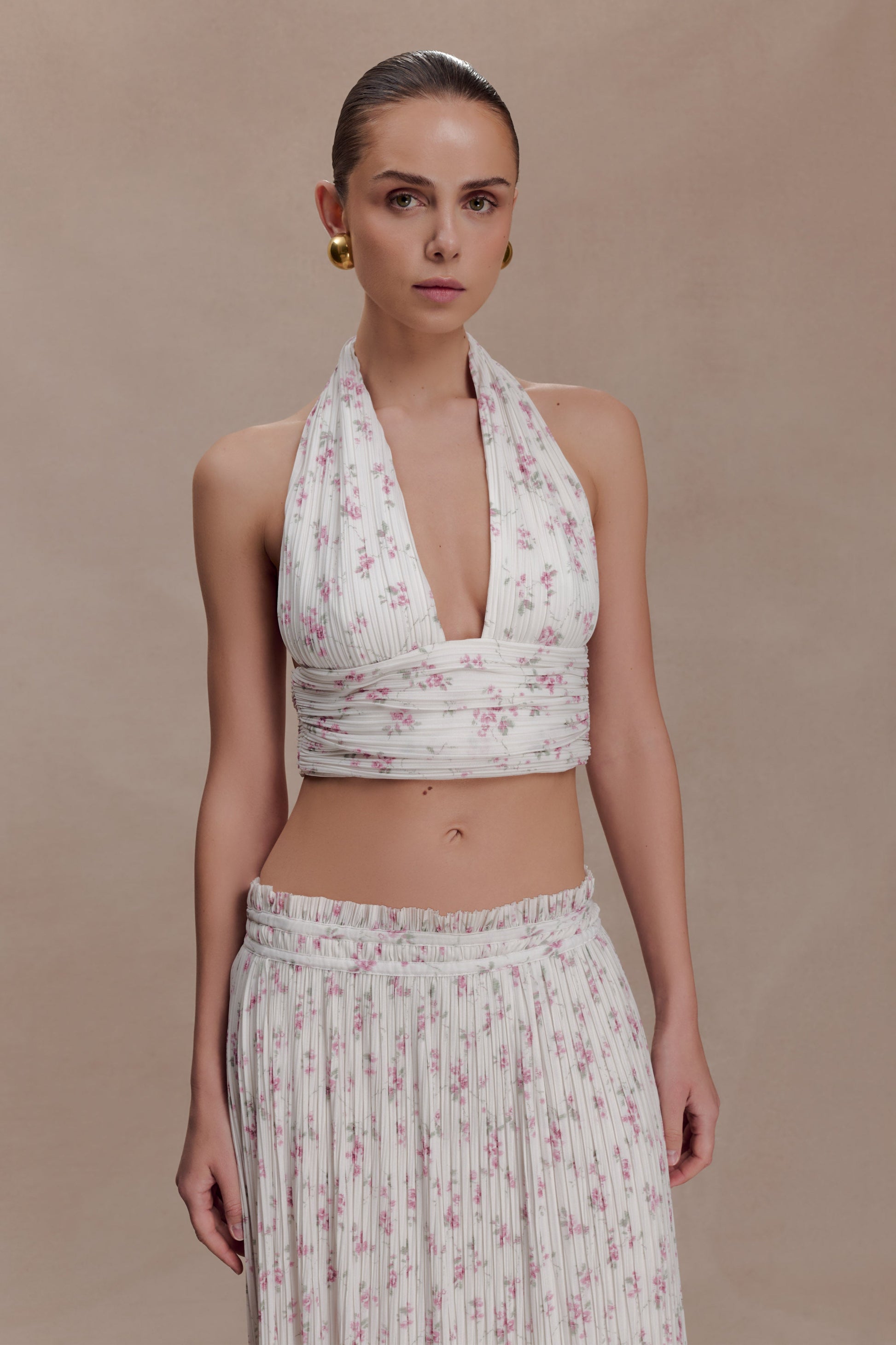 Amaris Sleeveless Plisse Halter Top - Floral Ditsy Print #2