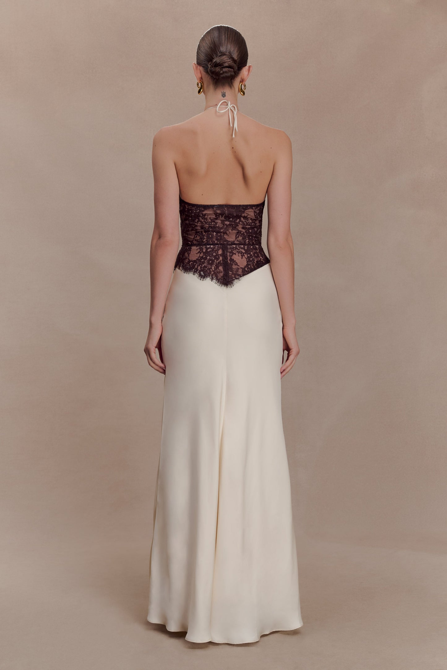 Sascha Lace And Satin Halter Maxi Dress - Ivory/Chocolate