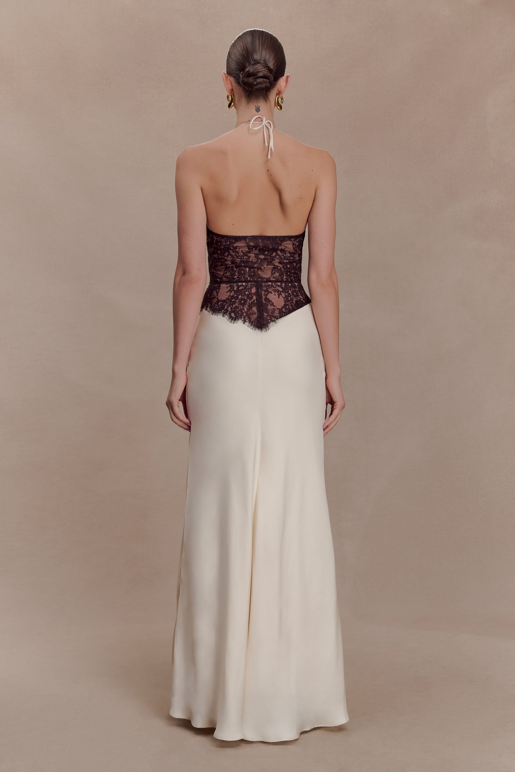 Sascha Lace And Satin Halter Maxi Dress - Ivory/Chocolate #2