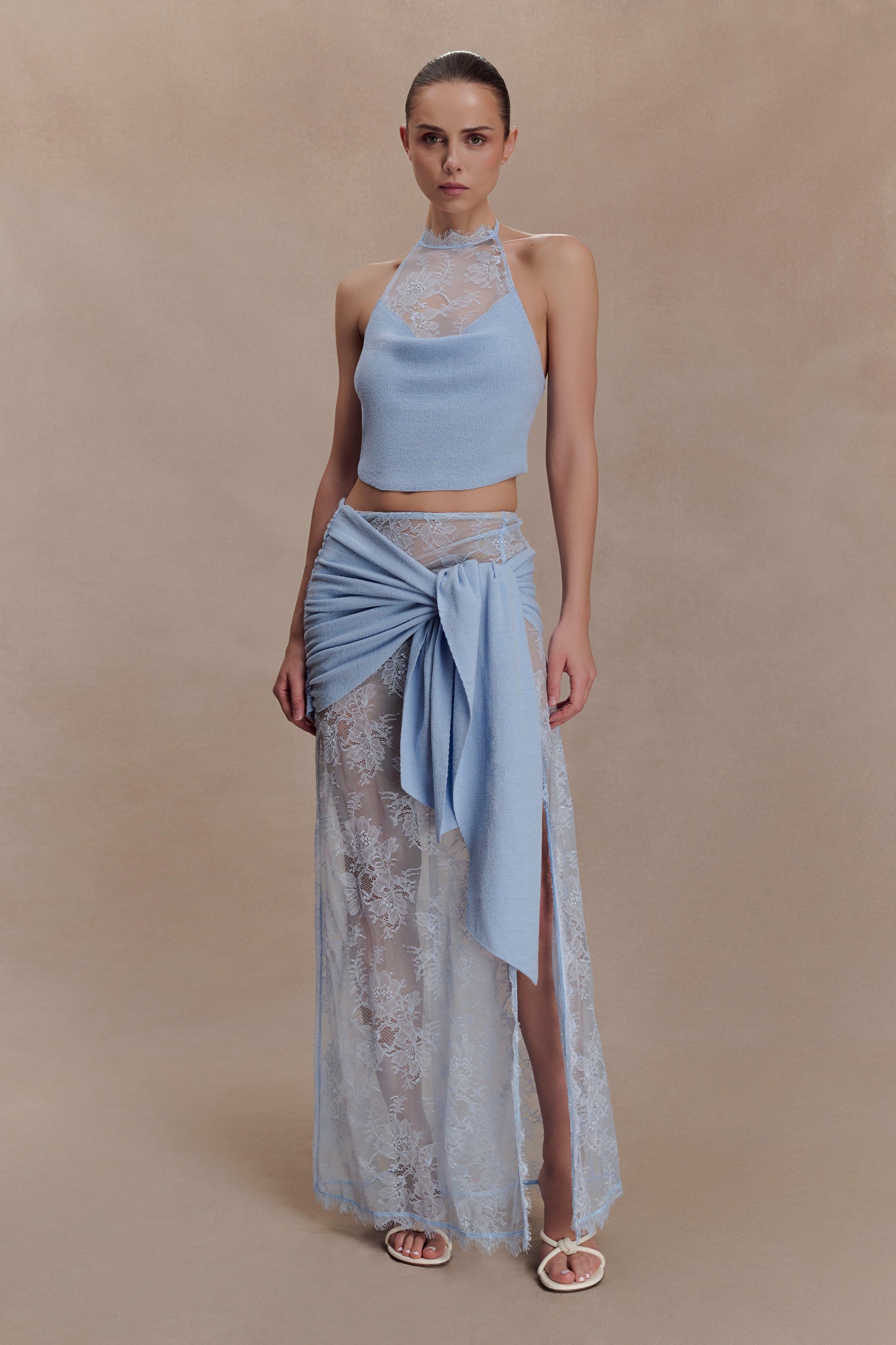 Lucy Lace And Knit Halter Top - Cornflower Blue #7