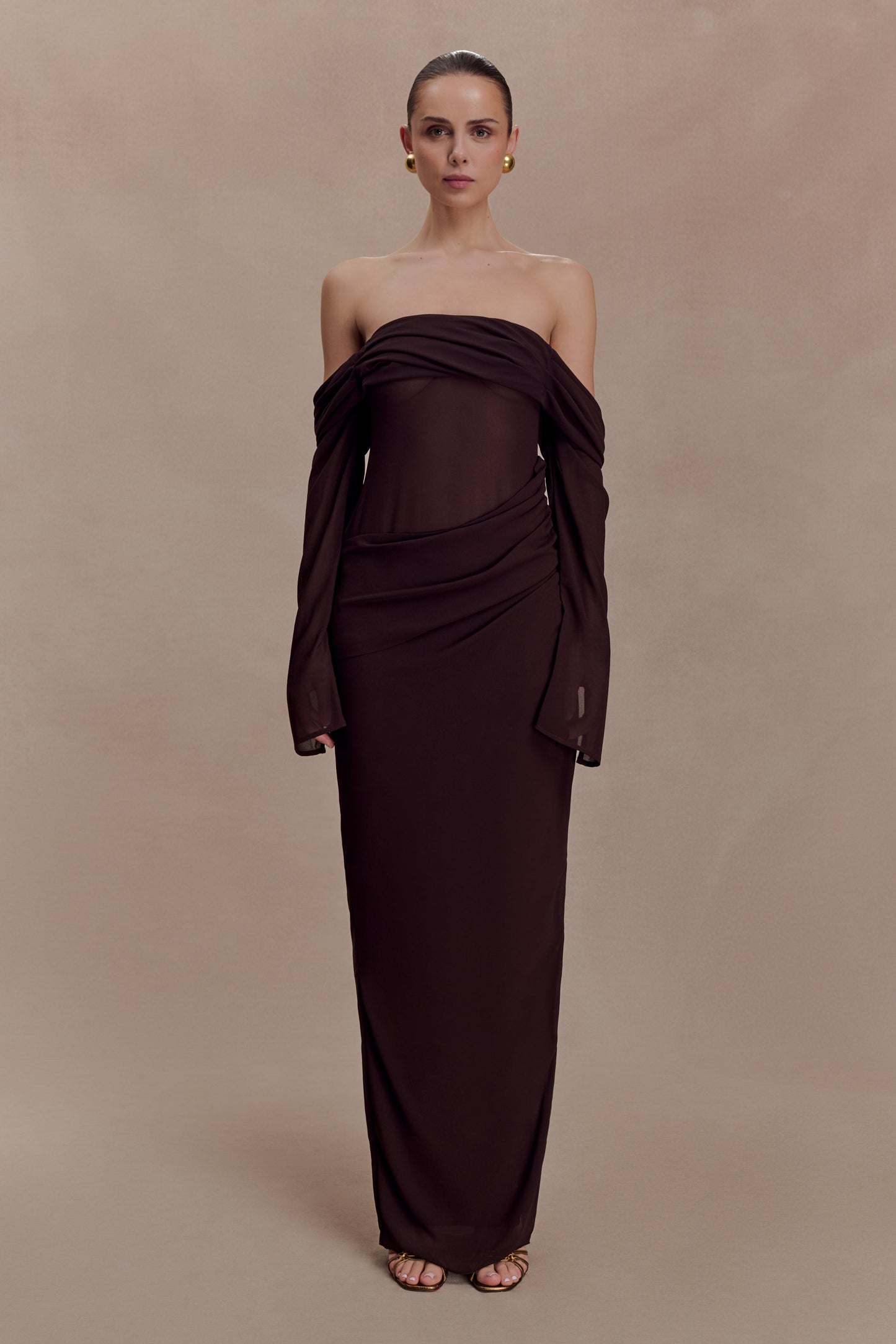 Kirsten Off Shoulder Chiffon Maxi Dress - Cacao Brown