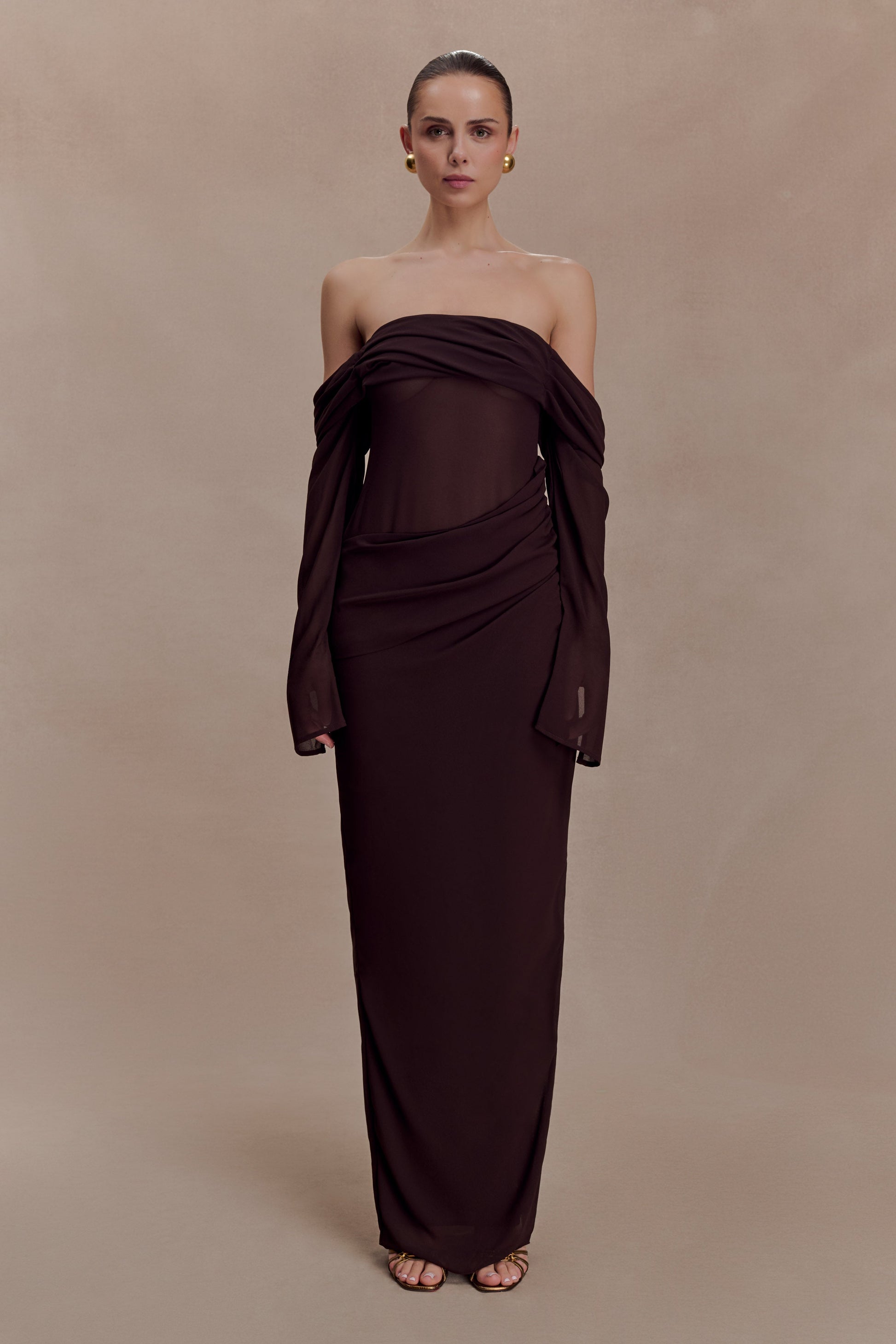 Kirsten Off Shoulder Chiffon Maxi Dress - Cacao Brown