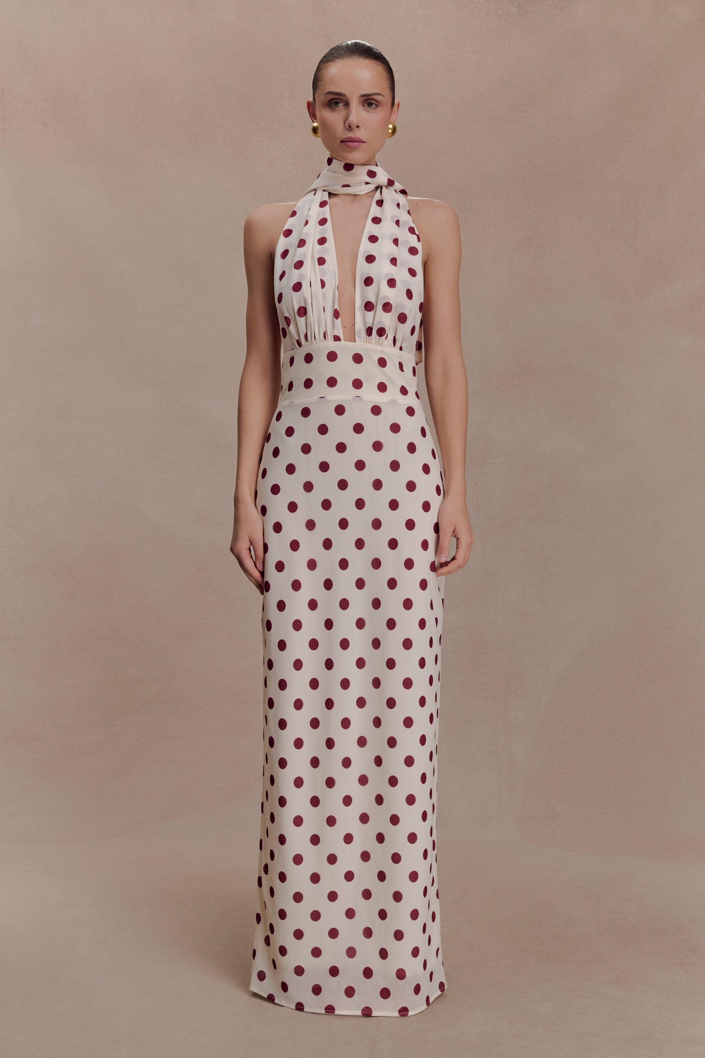 Nadine Halter Chiffon Maxi Dress - Ivory/Merlot Polka Dot
