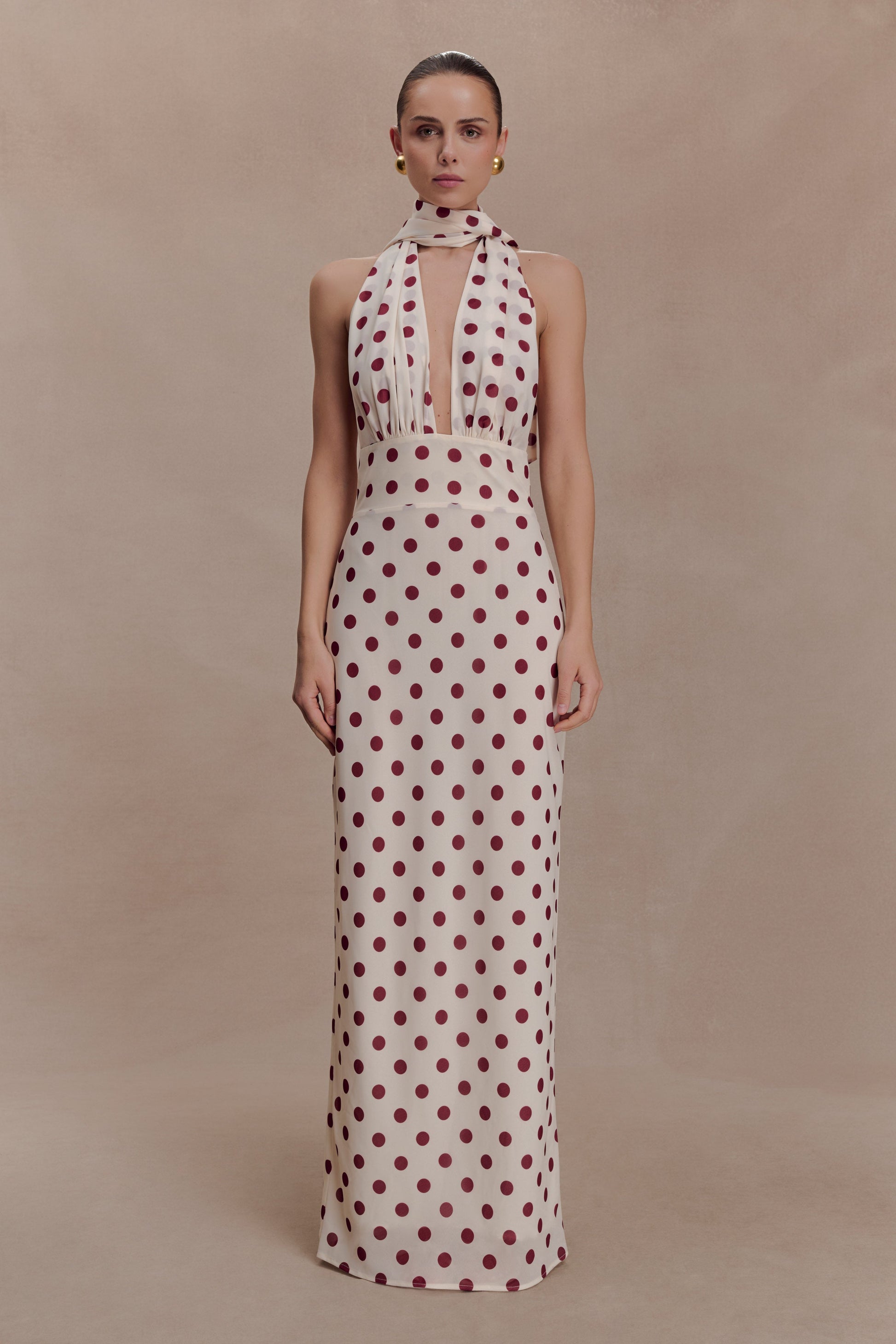 Nadine Halter Chiffon Maxi Dress - Ivory/Merlot Polka Dot #3