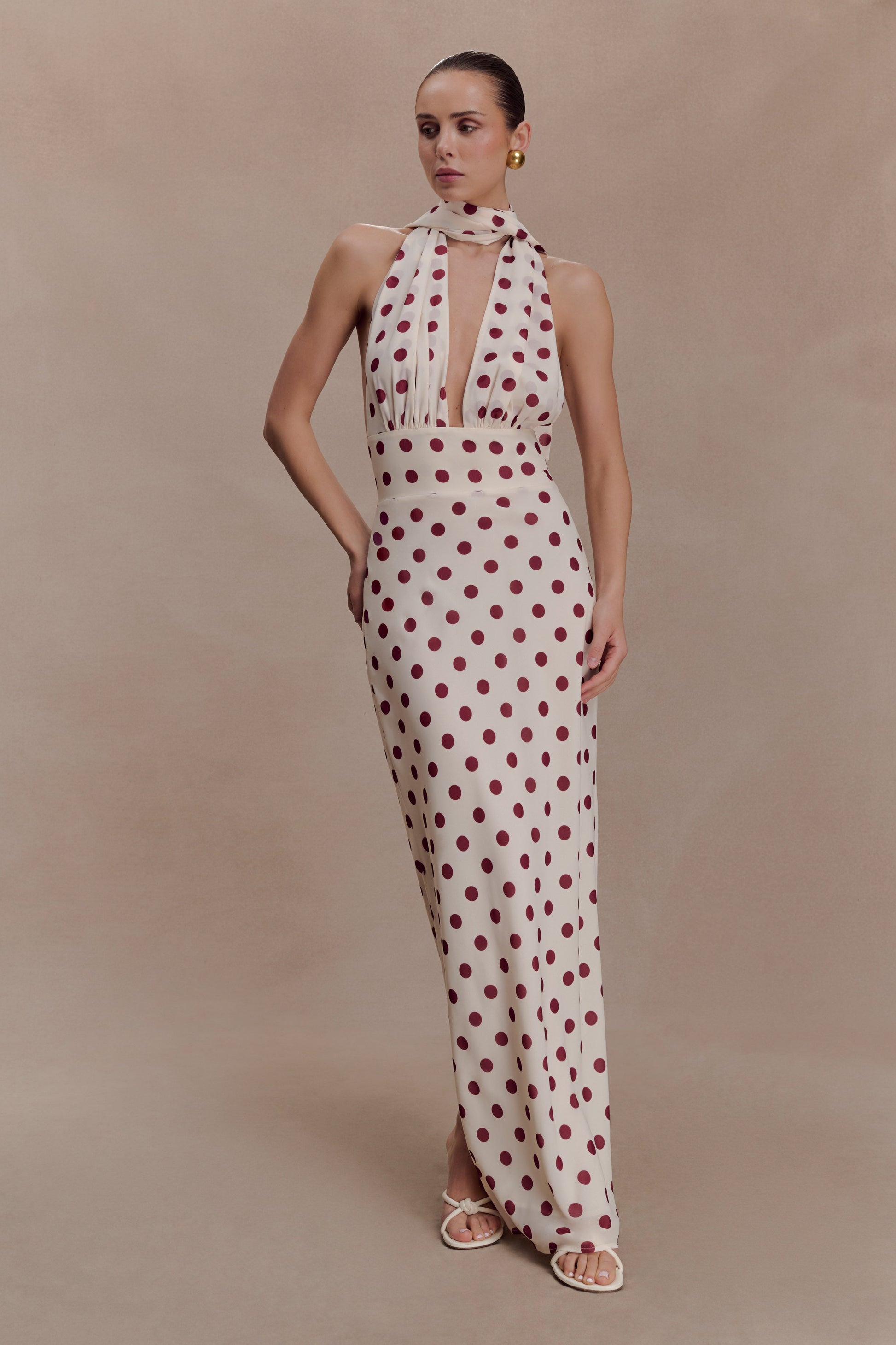 Nadine Halter Chiffon Maxi Dress - Ivory/Merlot Polka Dot #6