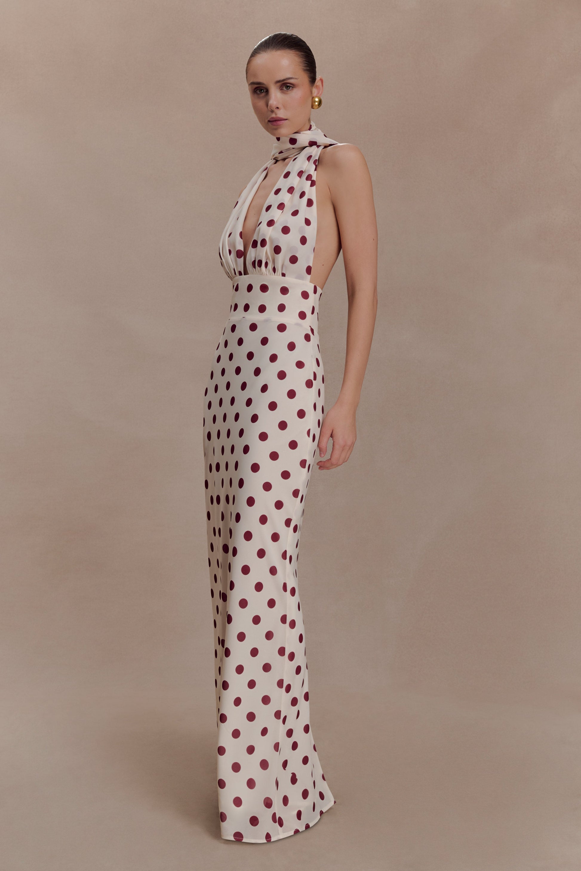 Nadine Halter Chiffon Maxi Dress - Ivory/Merlot Polka Dot #6