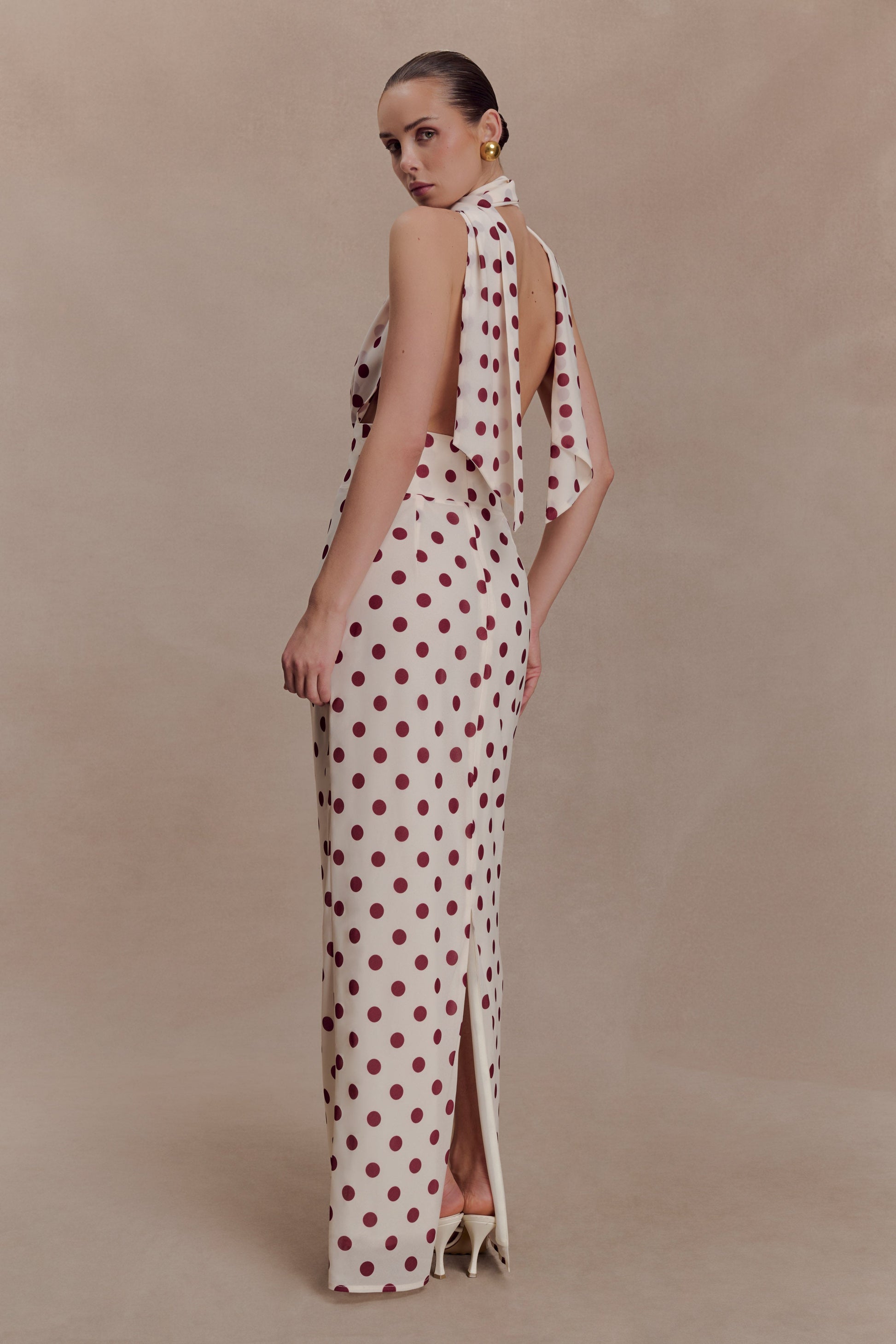 Nadine Halter Chiffon Maxi Dress - Ivory/Merlot Polka Dot #5